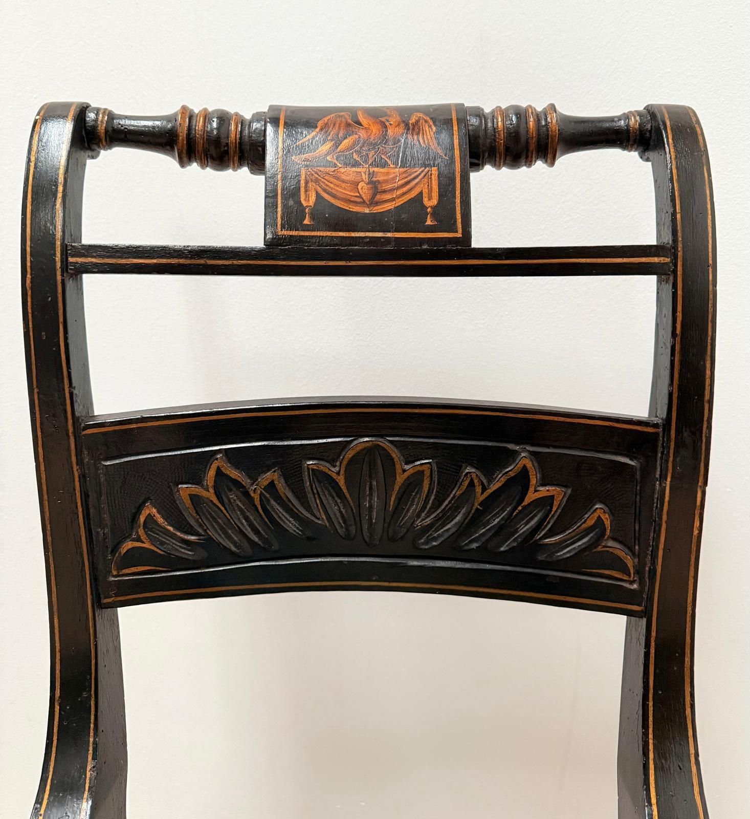 Furniture Exquisite 19th Century Pair Regency Ebonized & Gilt Hand Painted Side Chairs 0169. photo