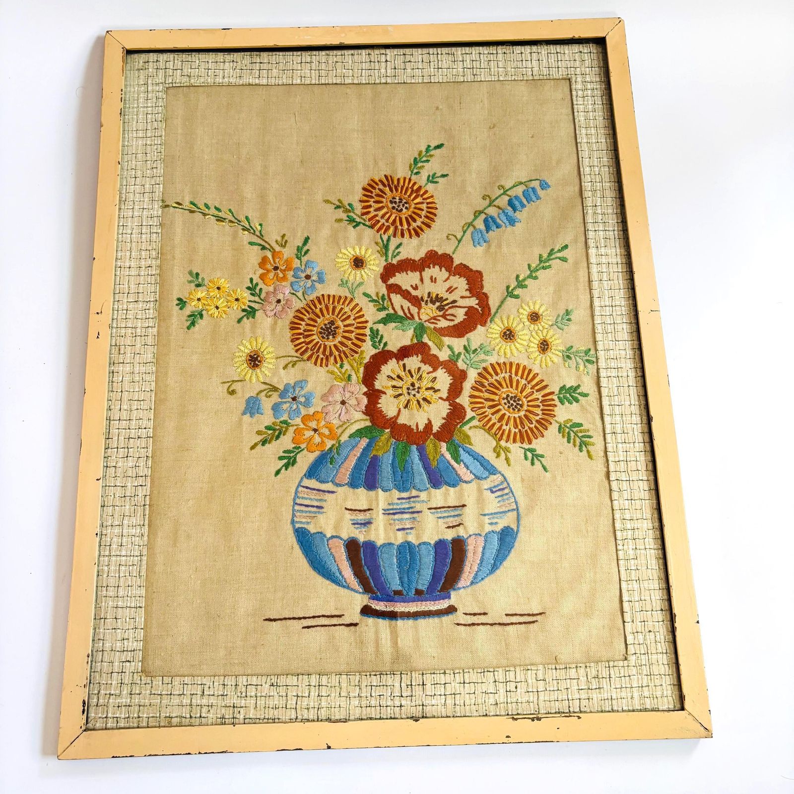 1950s Floral Hand Embroidery: Mid Century Linen Art In Metal Frame. photo furniture
