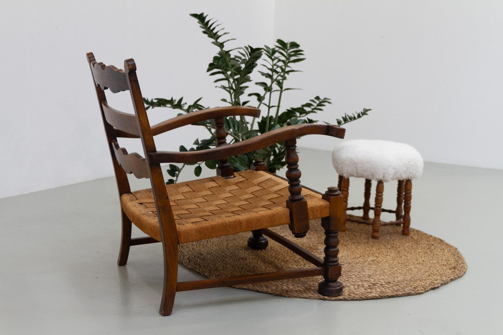 Danish Art Nouveau Lounge Chair In Oak And Papercord, 1930s. photo for sale