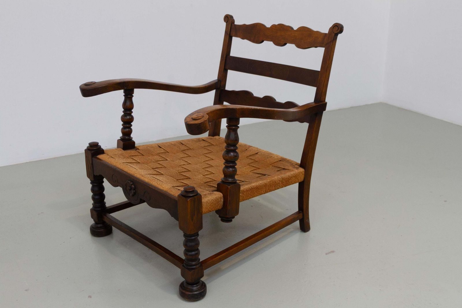 1027.0 Danish Art Nouveau Lounge Chair In Oak And Papercord, 1930s. photo