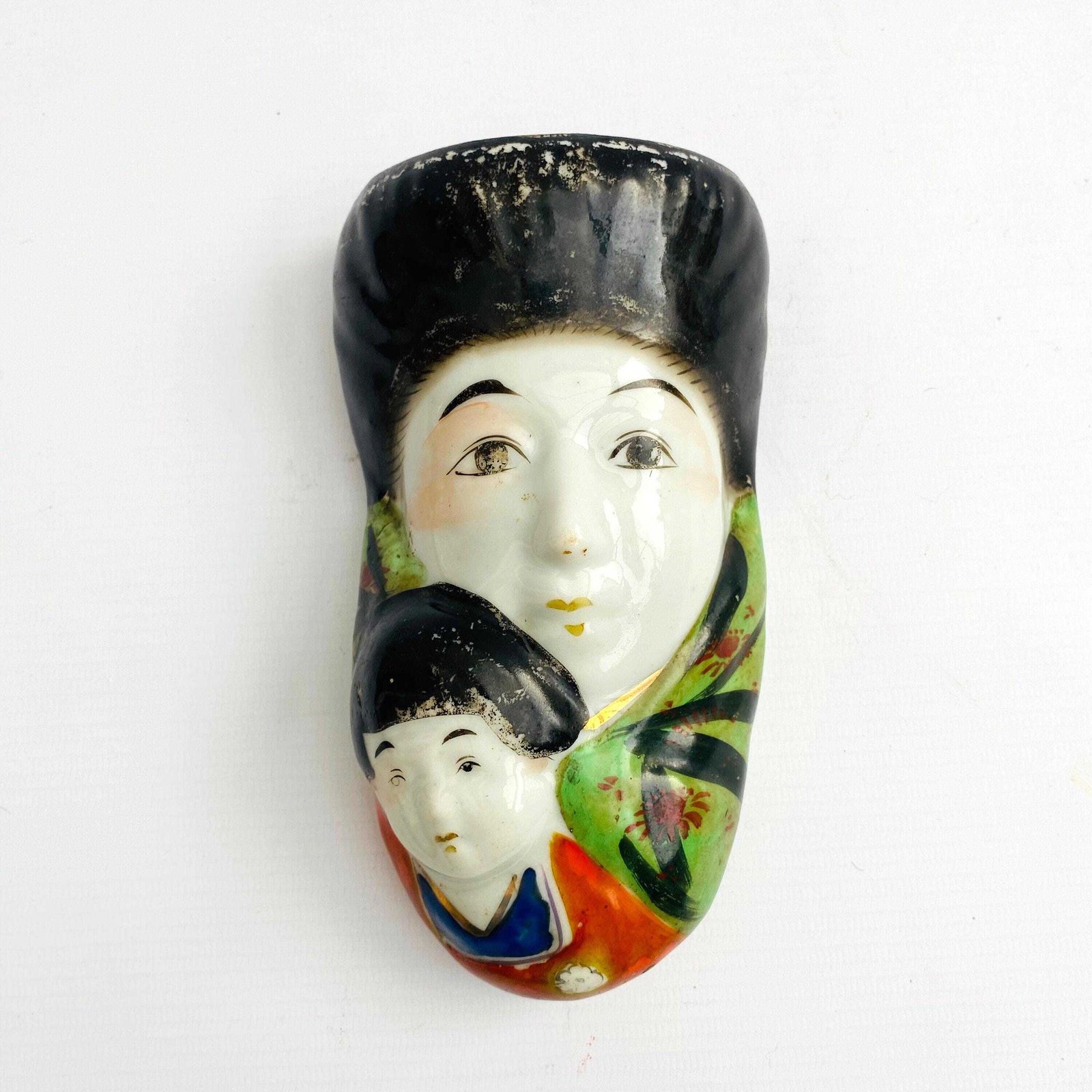 Mid Century Japanese Porcelain Wall Vase: Hand Painted Geisha, Parent And Child