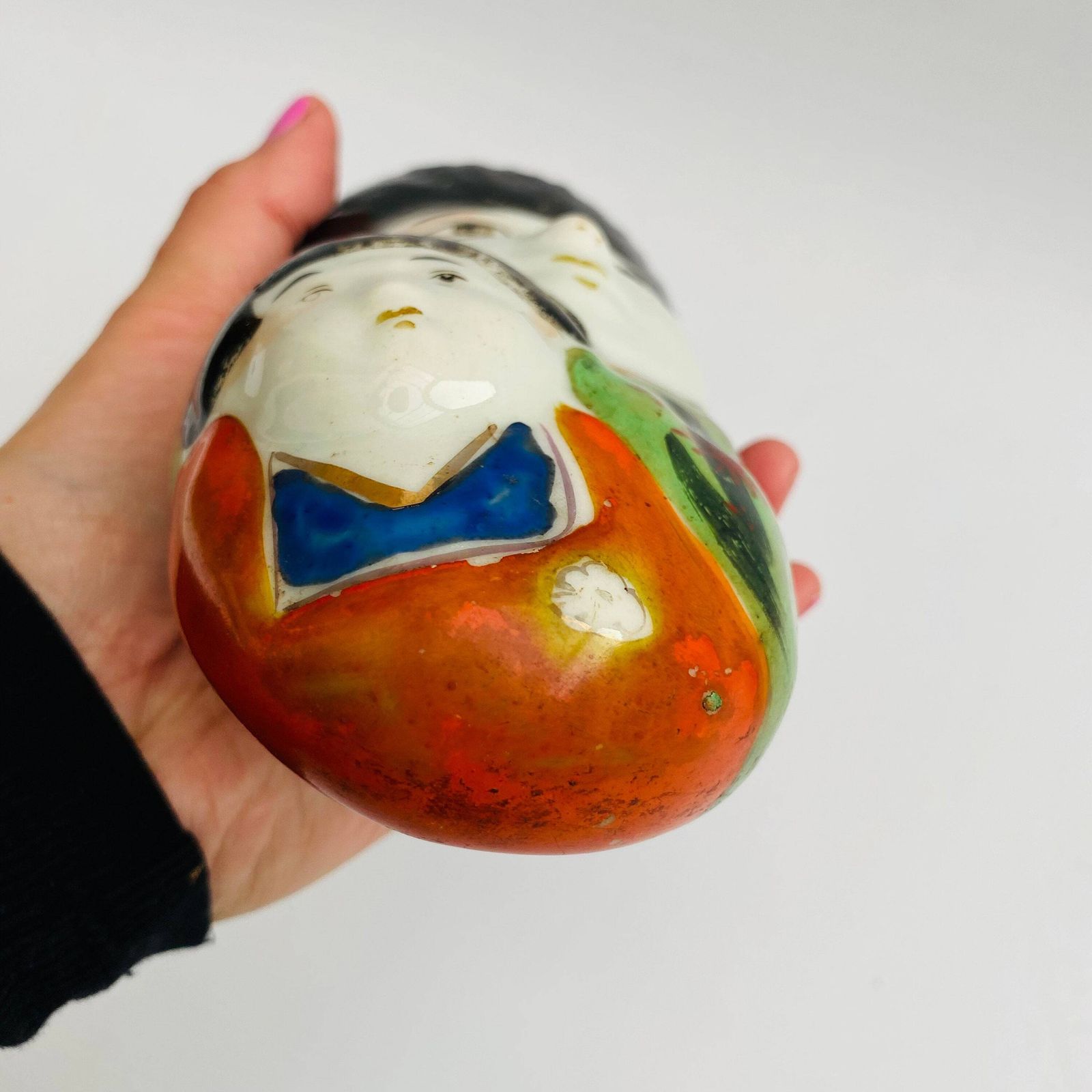 Mid Century Japanese Porcelain Wall Vase: Hand Painted Geisha, Parent And Child photo vinterior