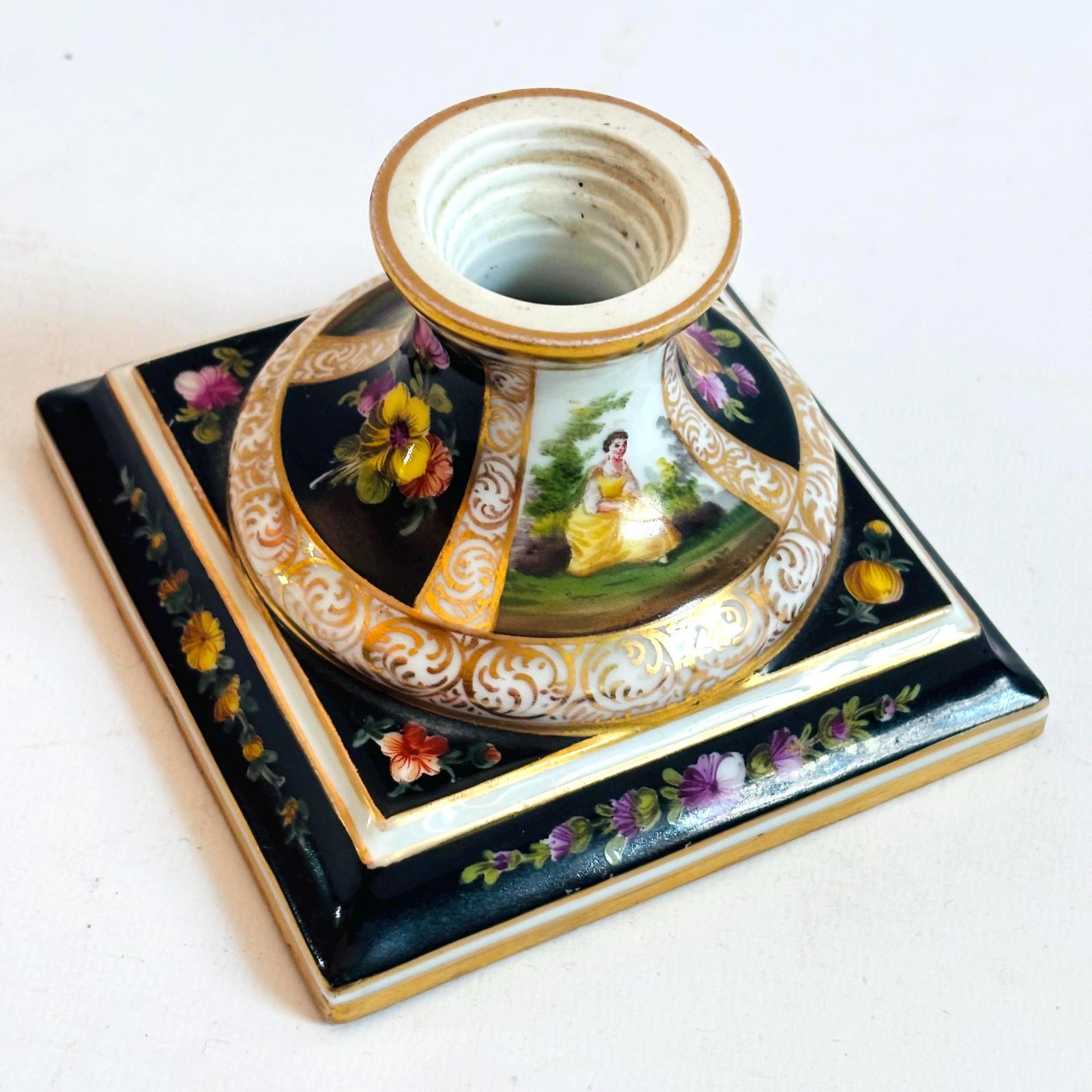 Antique German Porcelain Candlestick | Hand Painted Musician & Pastoral Scene | Gilt Black Desk Ornament C.1900 Some Wear