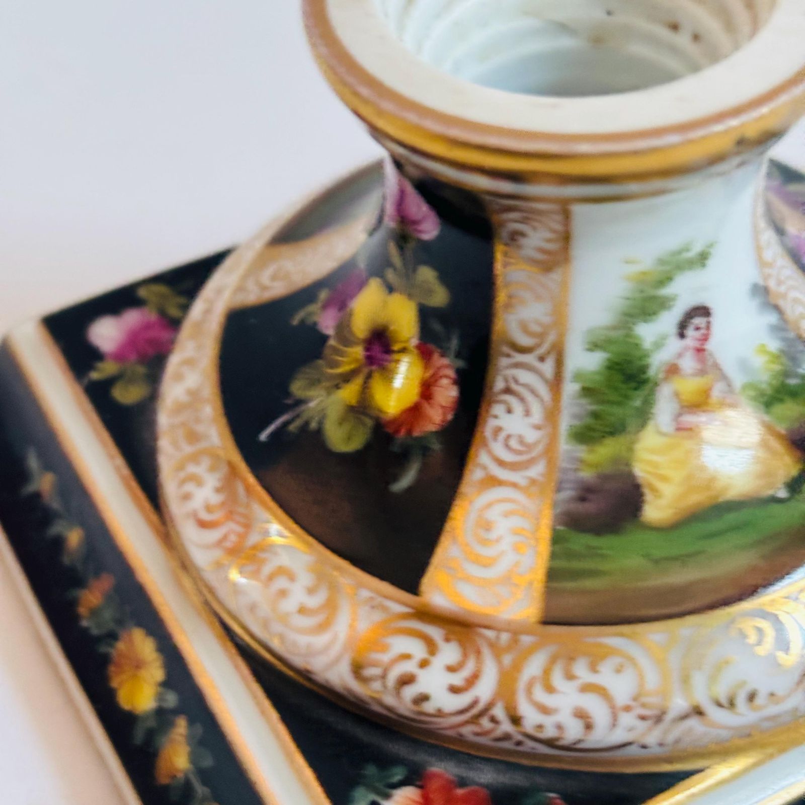 Antique German Porcelain Candlestick | Hand Painted Musician & Pastoral Scene | Gilt Black Desk Ornament C.1900 Some Wear photo for sale