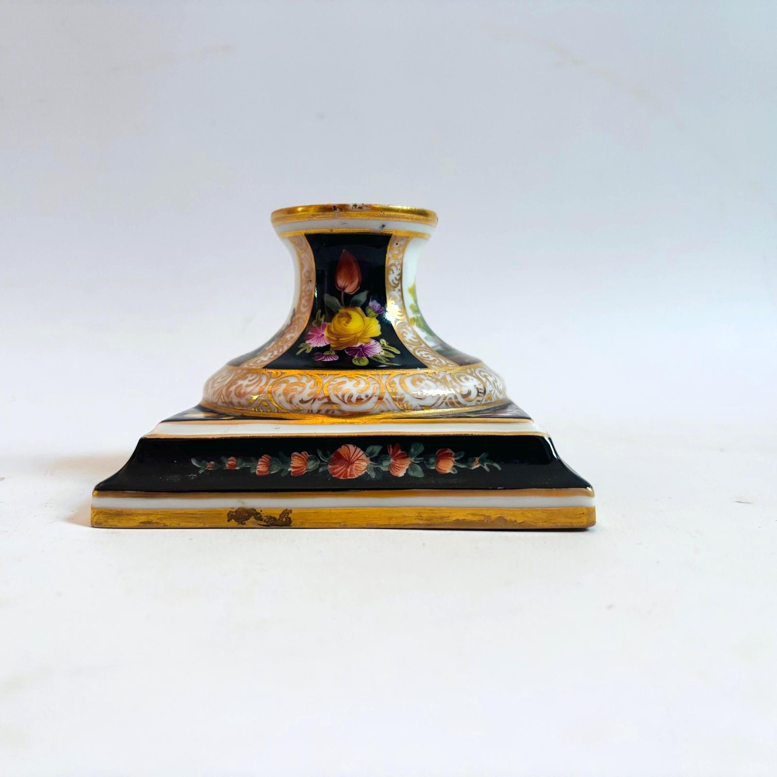 Antique German Porcelain Candlestick | Hand Painted Musician & Pastoral Scene | Gilt Black Desk Ornament C.1900 Some Wear photo vintage