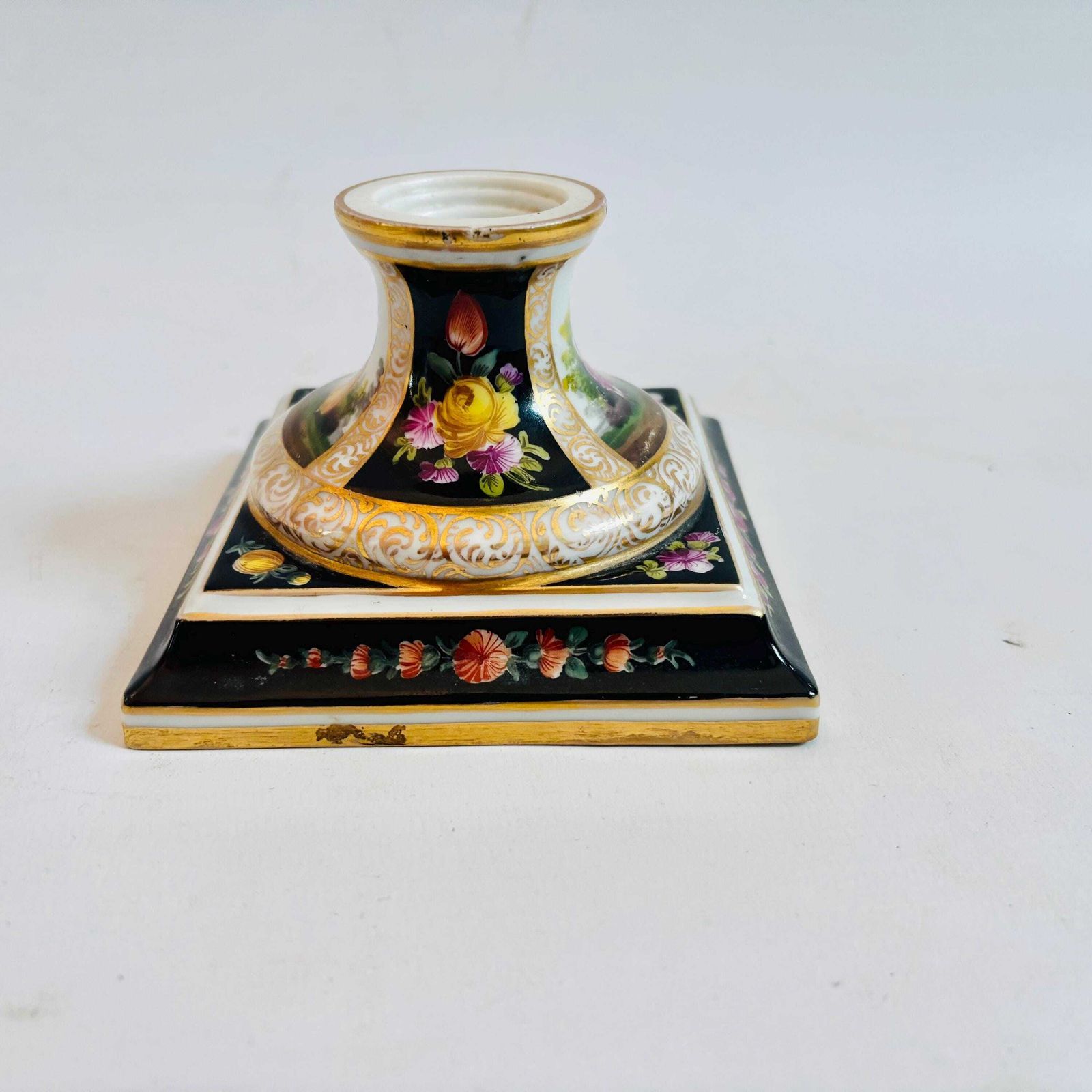 photo vinterior Antique German Porcelain Candlestick | Hand Painted Musician & Pastoral Scene | Gilt Black Desk Ornament C.1900 Some Wear