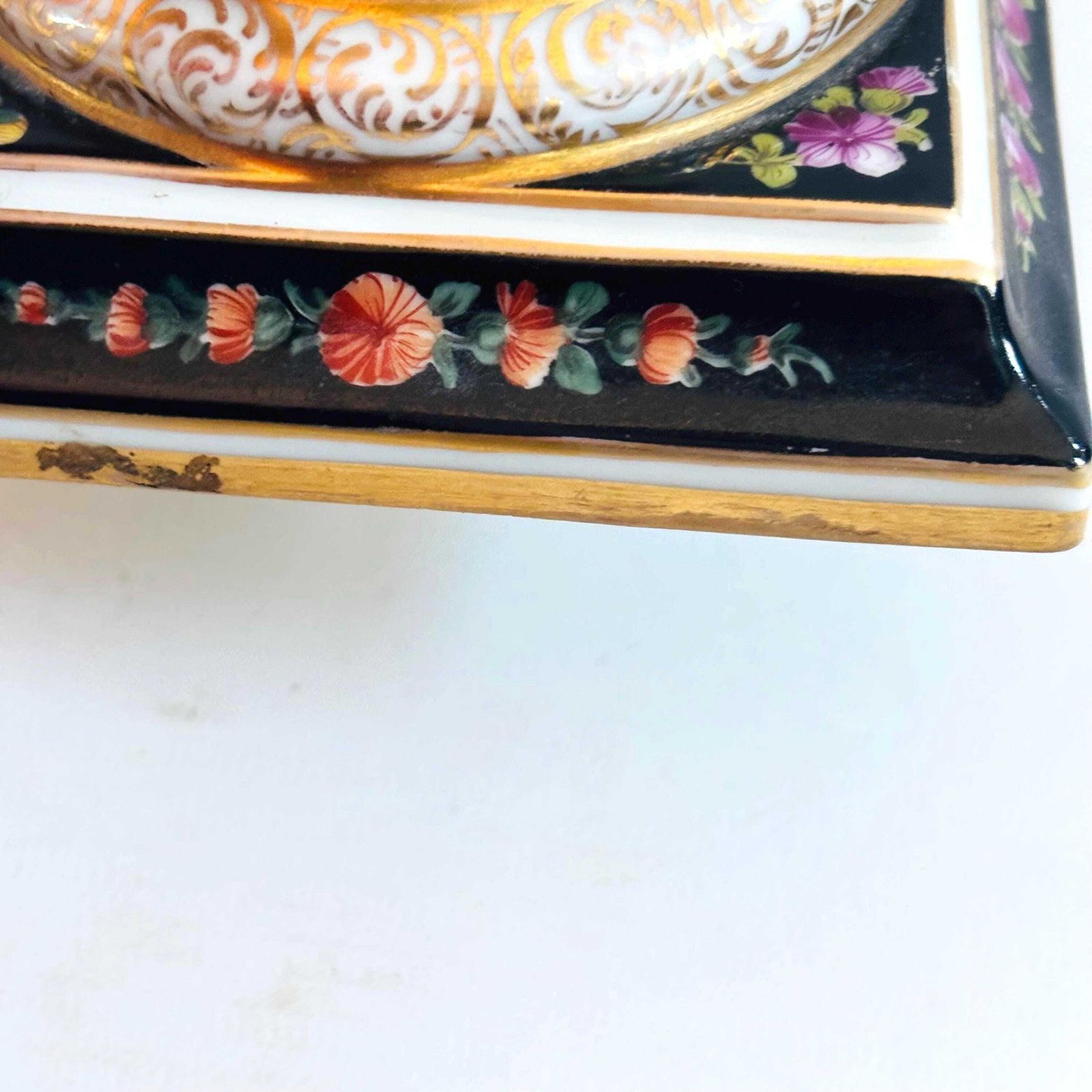 photo vintage Antique German Porcelain Candlestick | Hand Painted Musician & Pastoral Scene | Gilt Black Desk Ornament C.1900 Some Wear