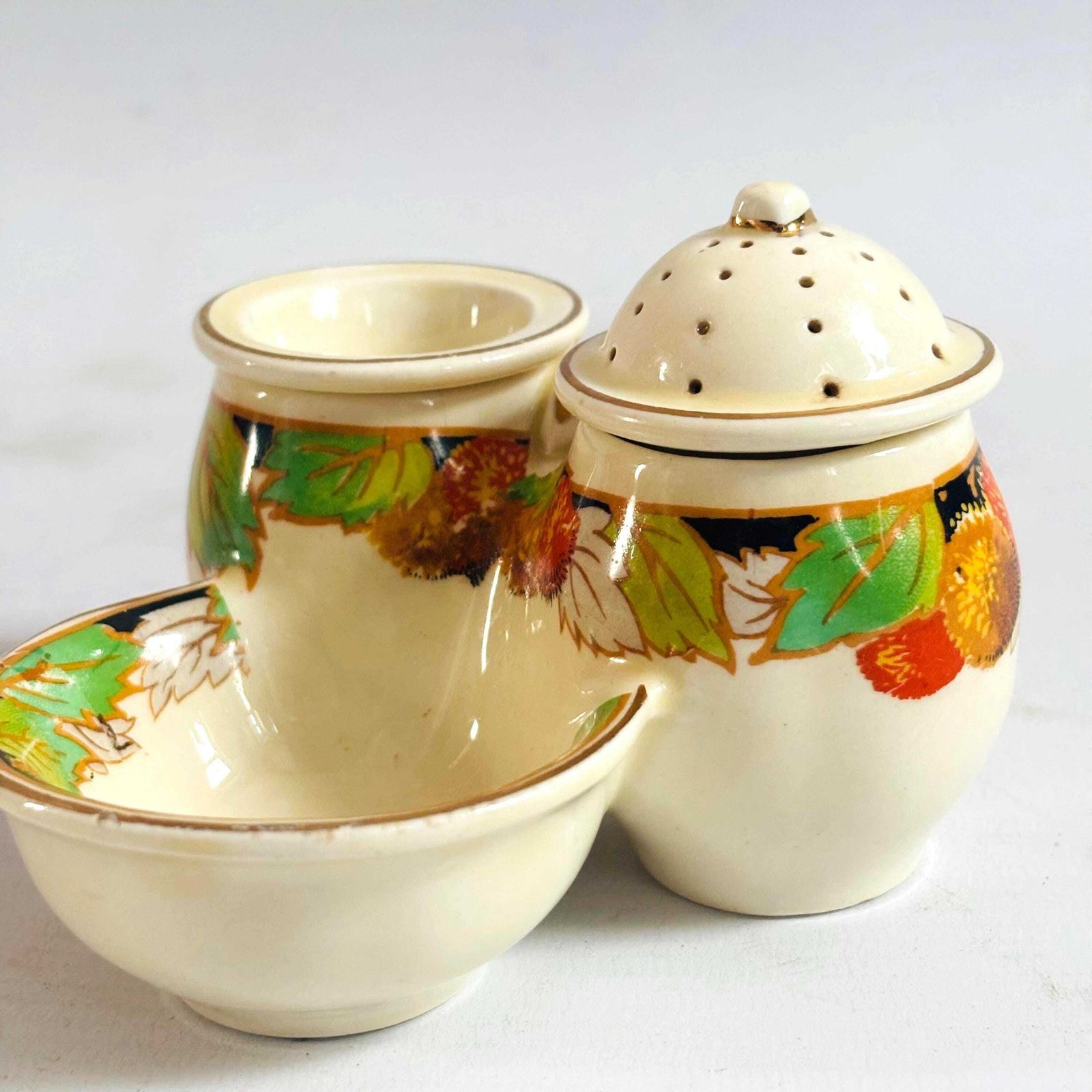 Collectable 1930s Staffordshire Ceramic Cruet Set Crown Ducal Missing Lid Harvest Autumn photo furniture