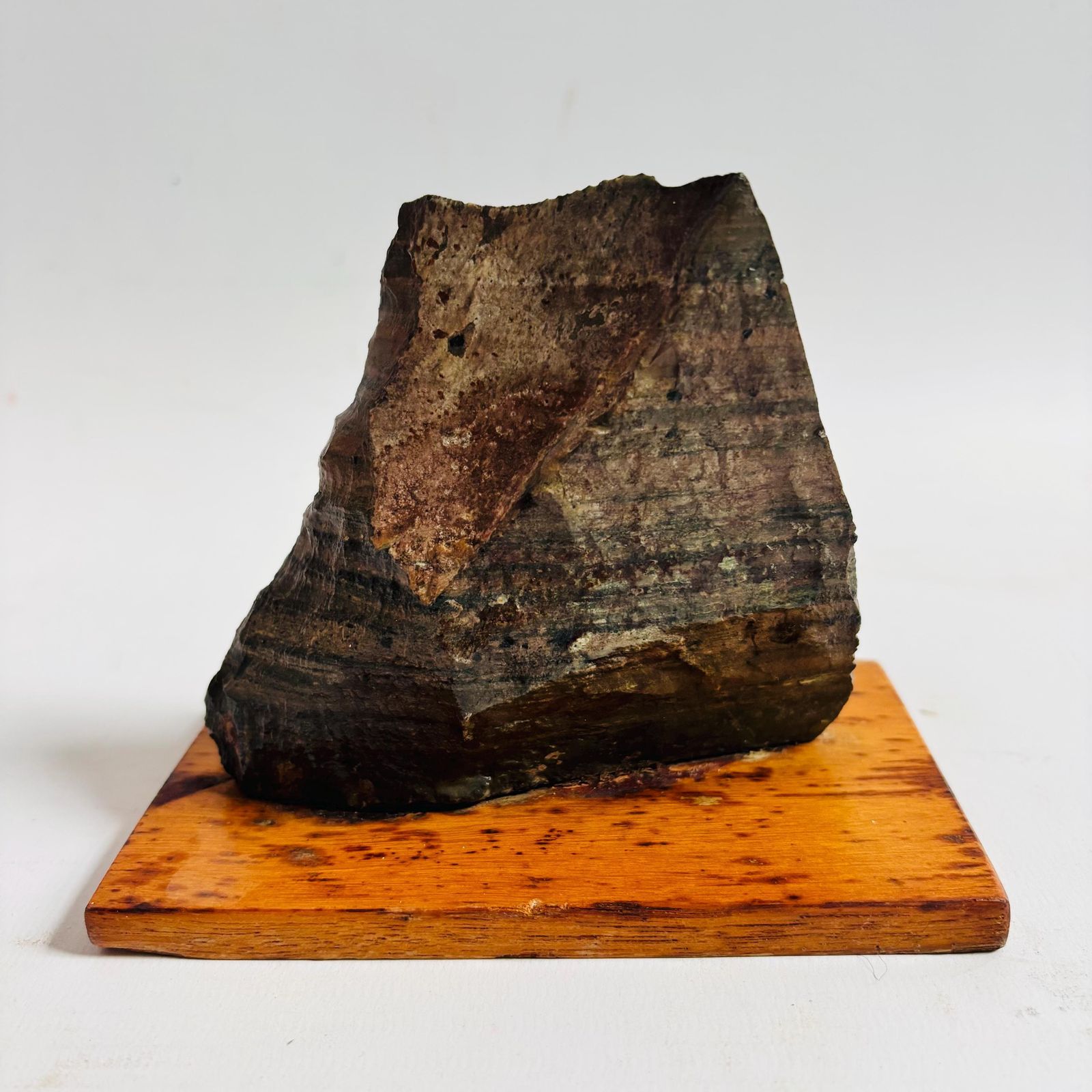 photo vintage Antique Pre Cambrian Volcanic Rock Specimen: Charnian Group On Wooden Base C1950s