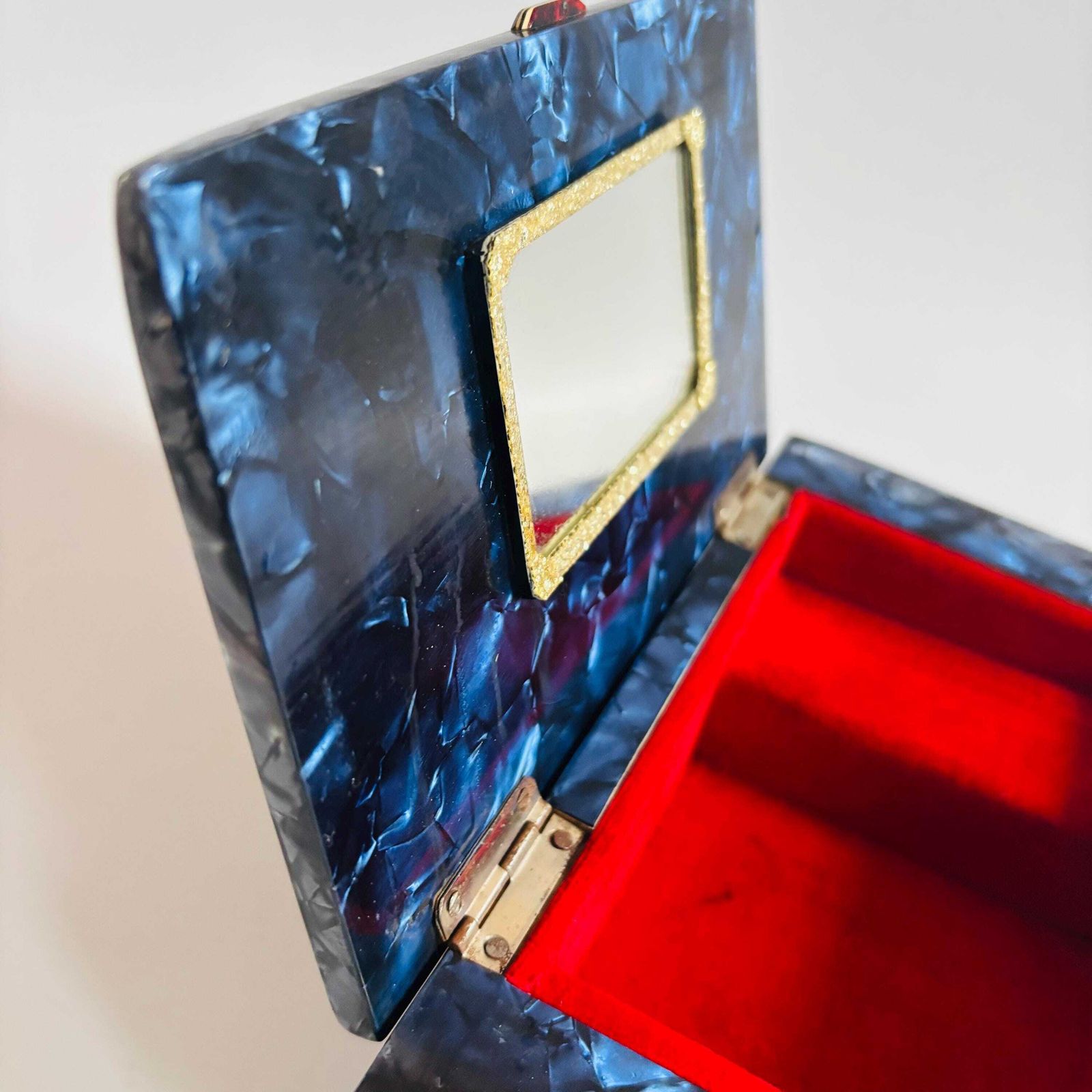 Vintage Swiss Music Box: Blue Marble Bakelite Jewelry Box, 1950s photo for sale