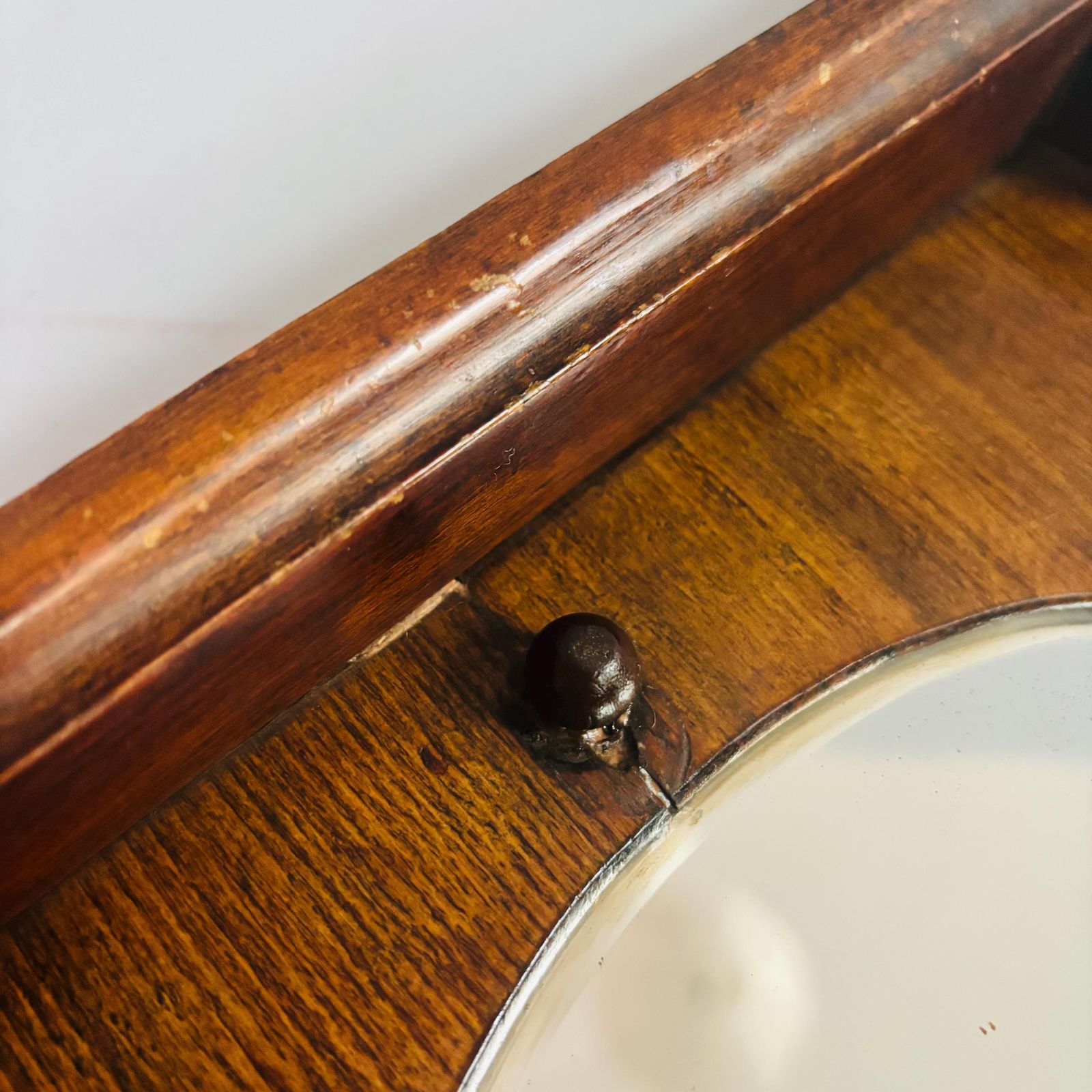 Antique Edwardian Twisted Mahogany Entrance Hall Mirror: Beveled Round Mirror & Key Hooks photo Furniture