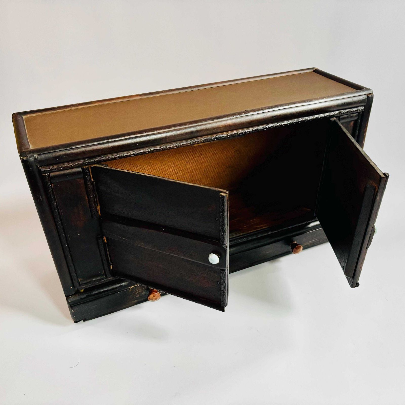 Antique Elm Apothecary Cabinet: Rustic Tabletop Display Cupboard photo for sale