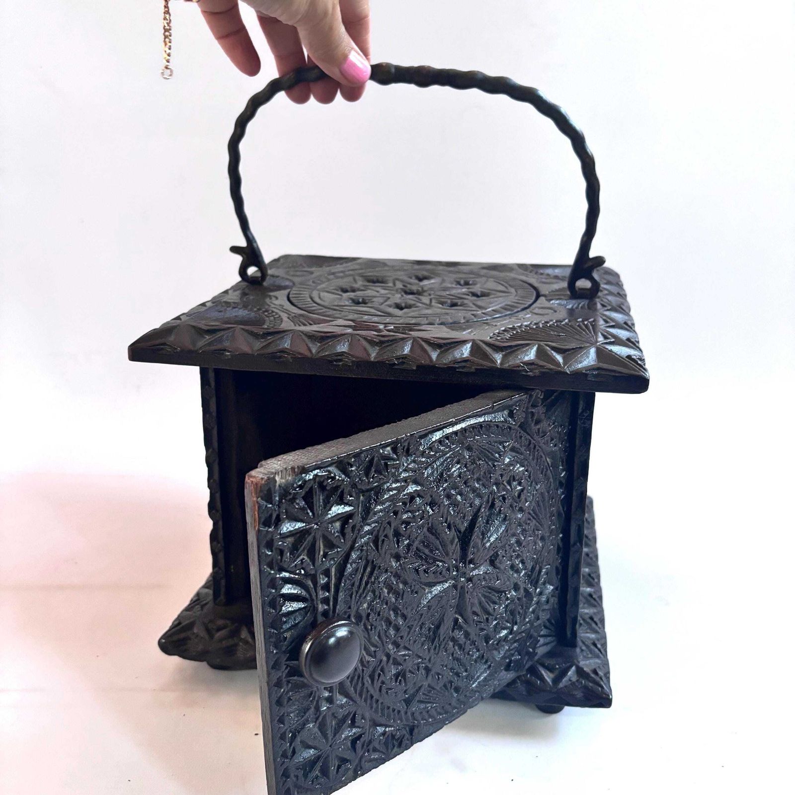 Antique Elm Foot Warmer, Georgian Hand Carved Folk Art Box, 1780s Gothcore photo vinterior