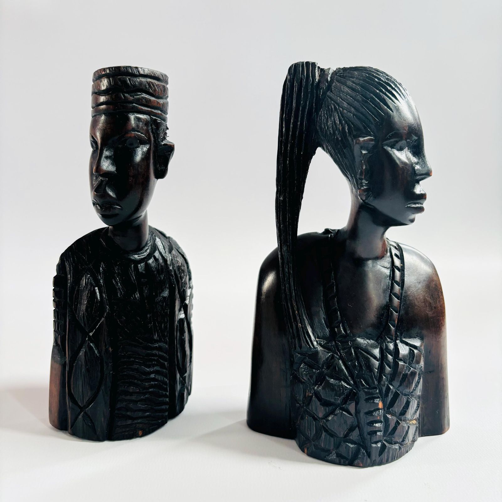 photo furniture Mid Century Ebony Wood African Couple Busts: Tribal Decor