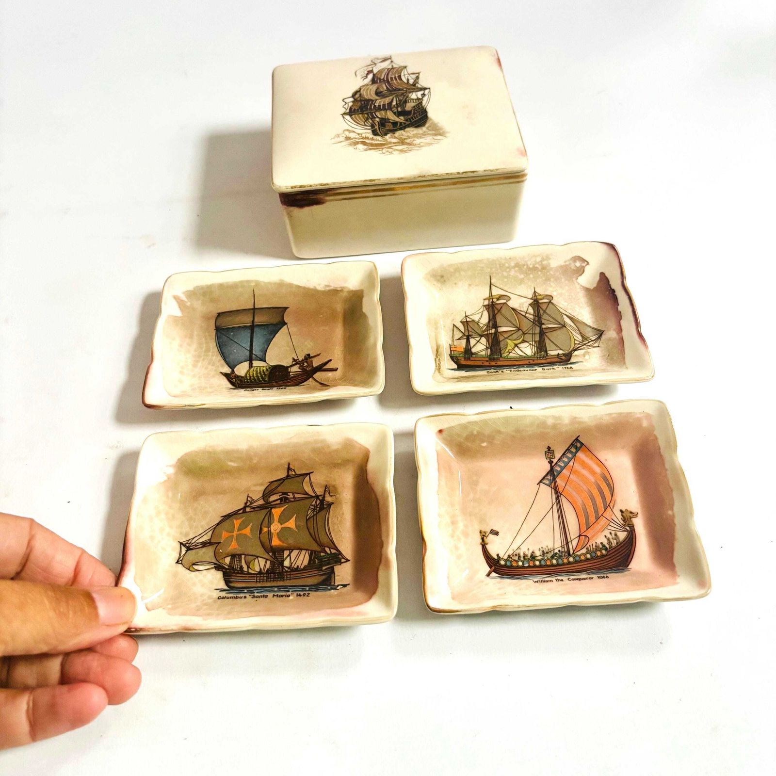 Vintage Sandland Ware Ships Pin Tray Set: Staffordshire Pottery Trinket Dishes photo vintage