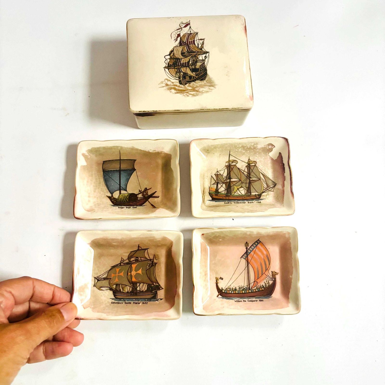 photo for sale Vintage Sandland Ware Ships Pin Tray Set: Staffordshire Pottery Trinket Dishes