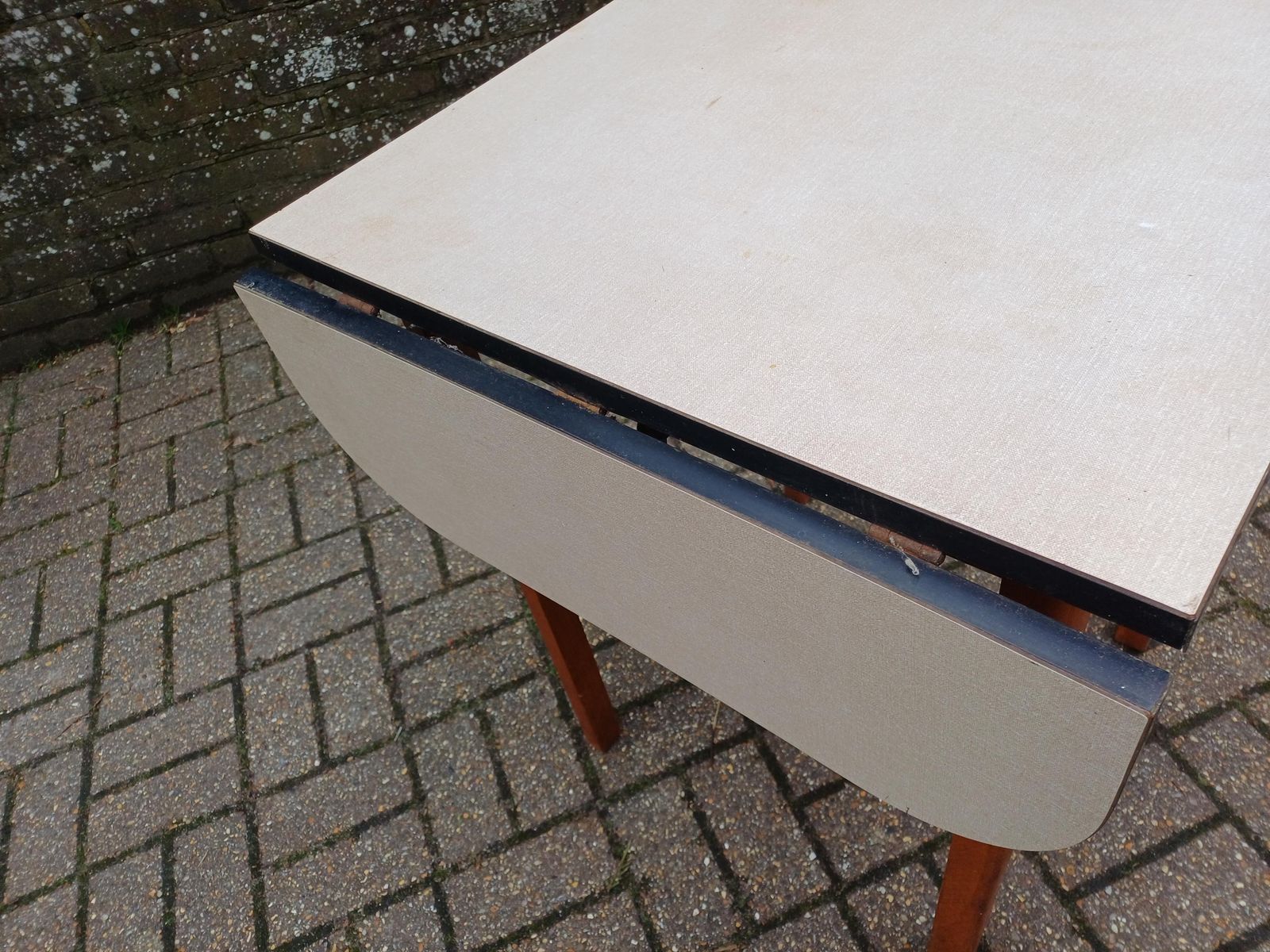 1960s Guildform Formica Kitchen Table With Folding Leaves Danish Oiled Wood Base Vintage Mid Century Dining Table photo vintage
