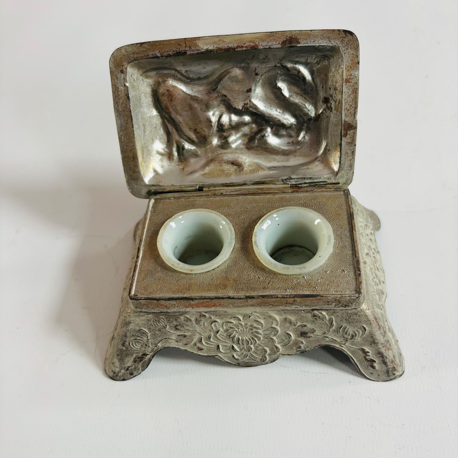 1930s Art Deco Asian Dragon Metal Inkwell With Milk Glass photo furniture