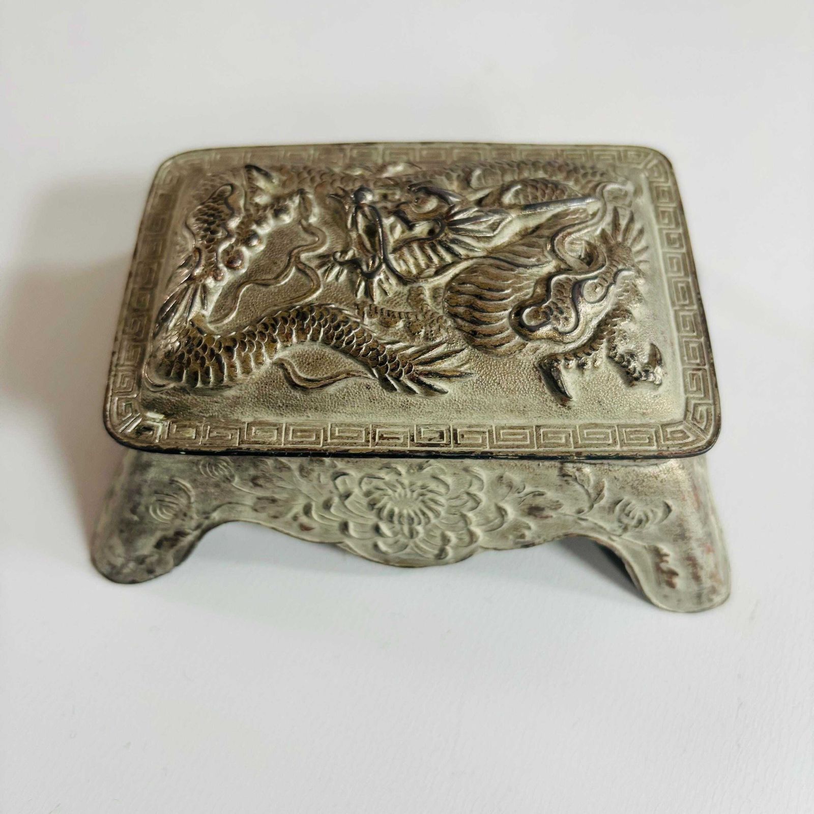 1930s Art Deco Asian Dragon Metal Inkwell With Milk Glass photo for sale