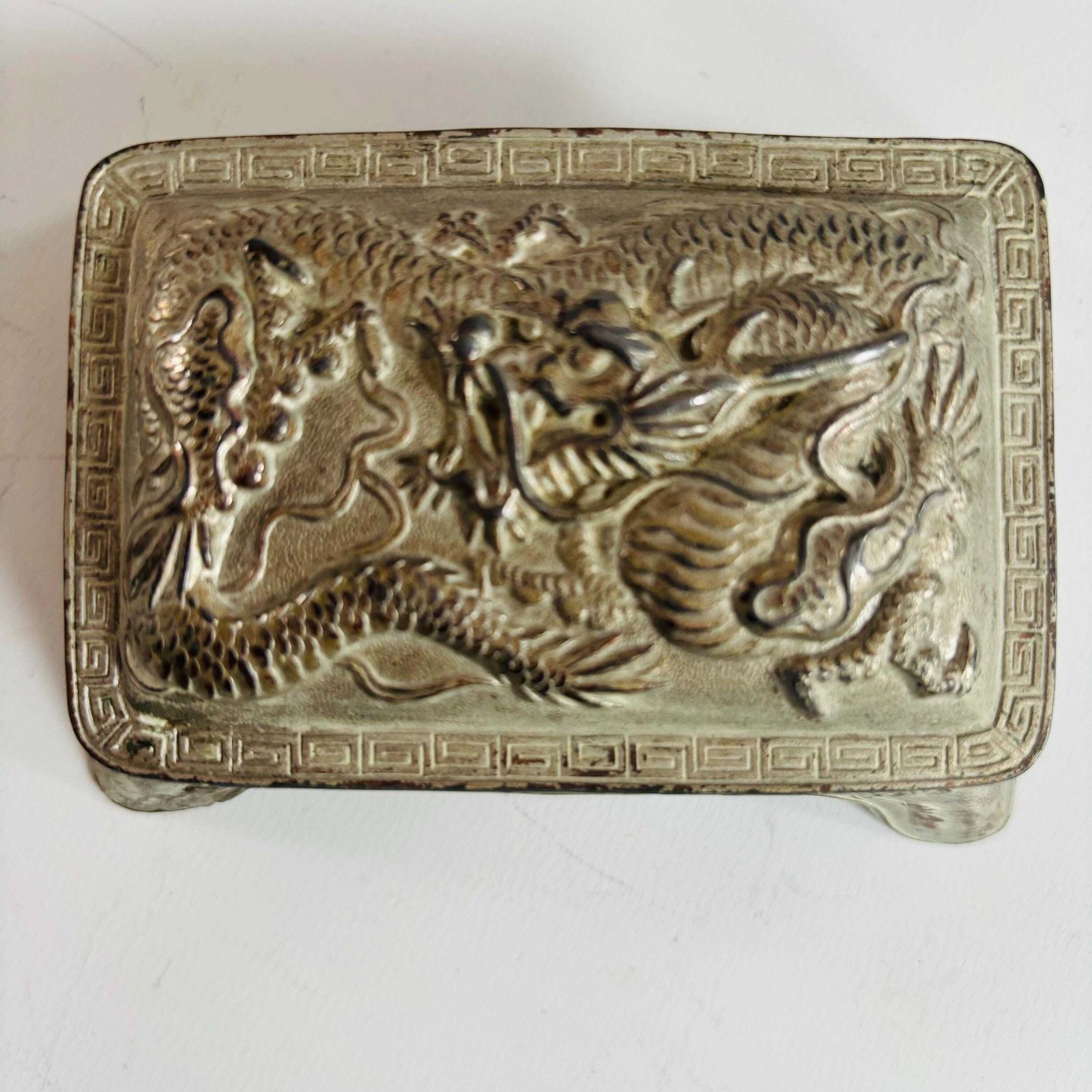 1930s Art Deco Asian Dragon Metal Inkwell With Milk Glass photo 140.0