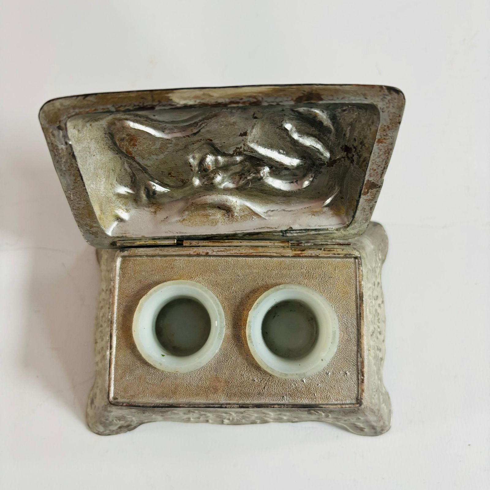 photo for sale 1930s Art Deco Asian Dragon Metal Inkwell With Milk Glass