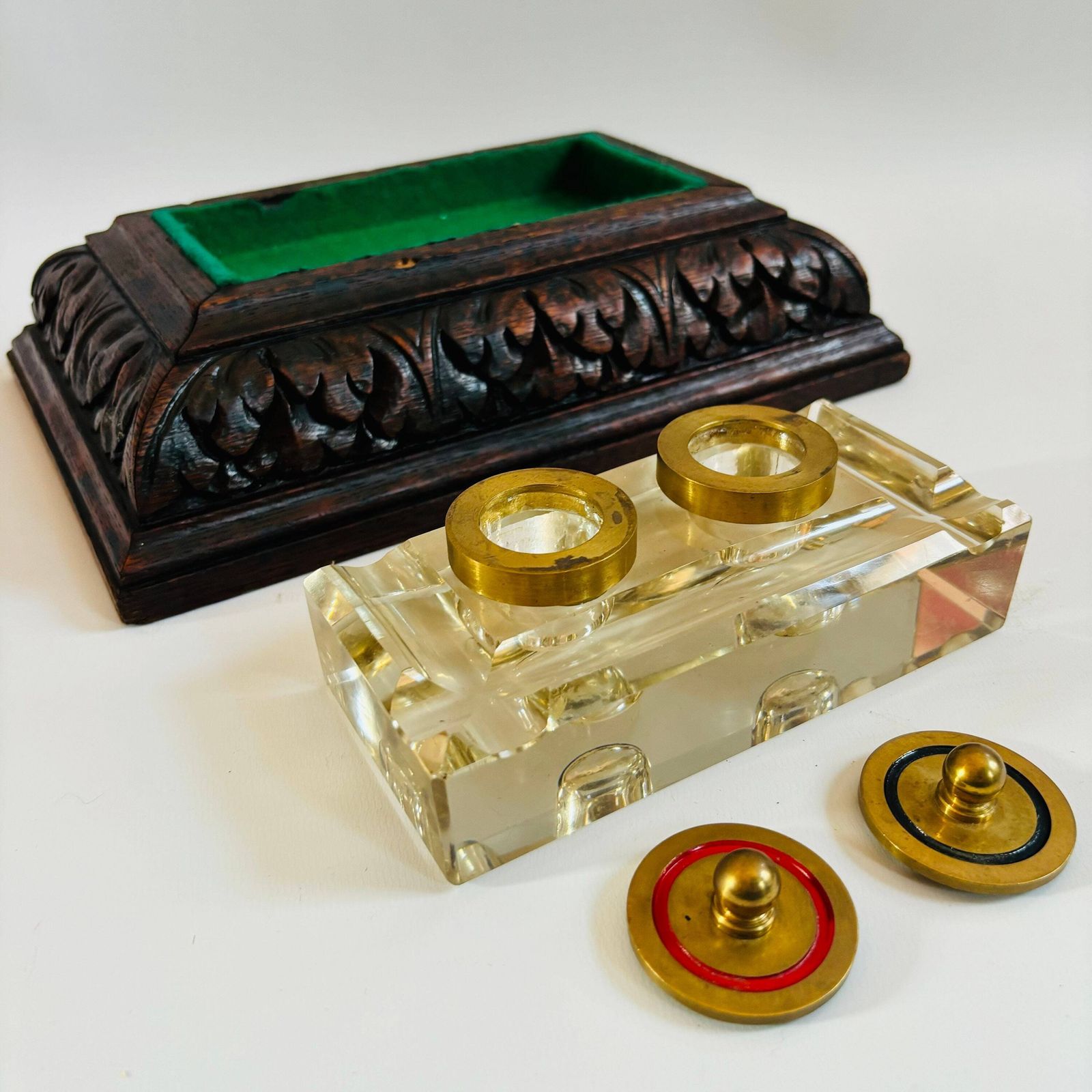 Antique Oak Inkwell: Art Deco Glass Insert, Brass Lids photo 230.0