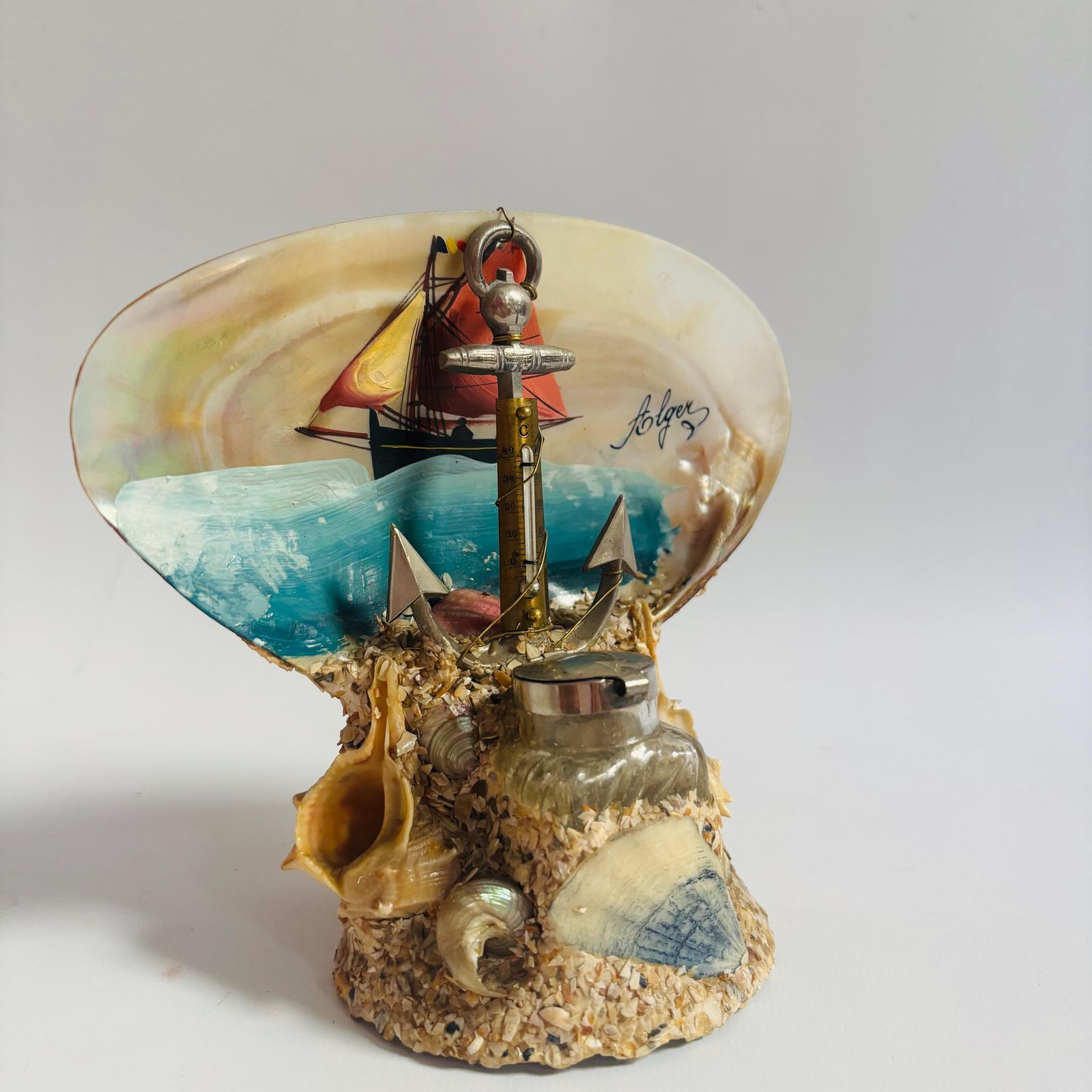 Antique French Seashell Inkwell: Alger Nautical Folk Art, 1920s photo buy