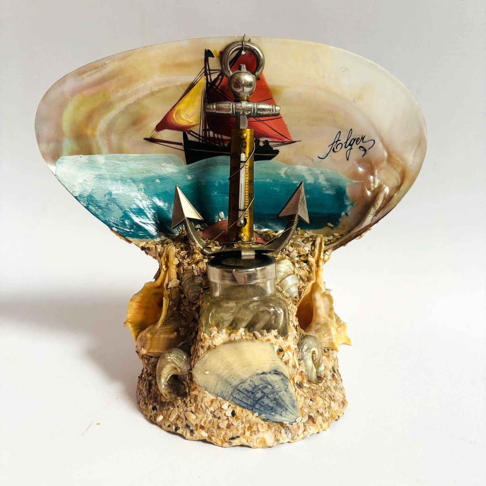photo for sale Antique French Seashell Inkwell: Alger Nautical Folk Art, 1920s