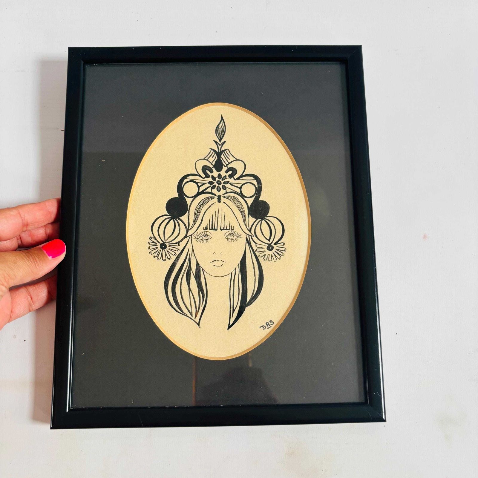 1960s Biba Style Ink Portrait   Mid Century Woman Face Art