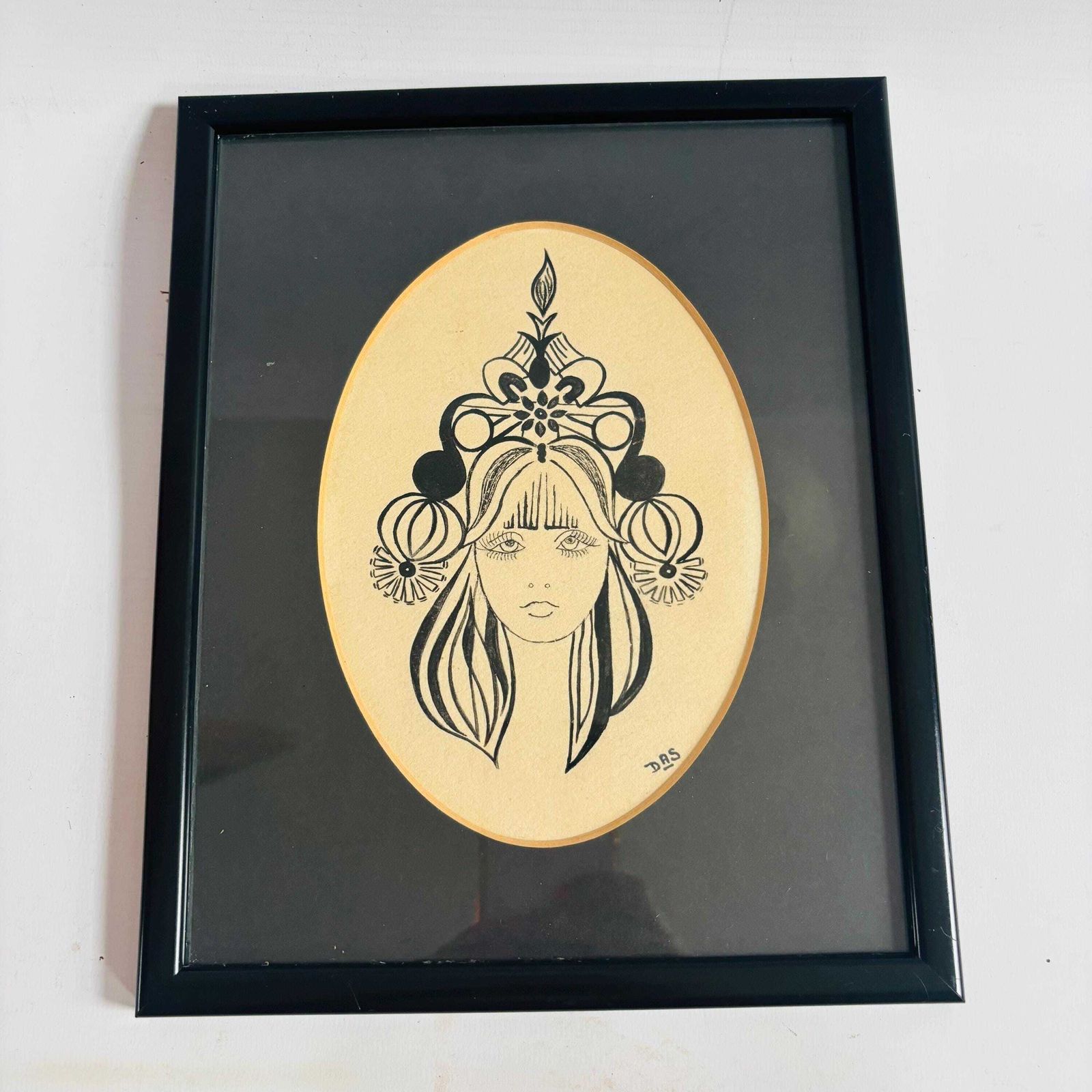 1960s Biba Style Ink Portrait   Mid Century Woman Face Art photo furniture