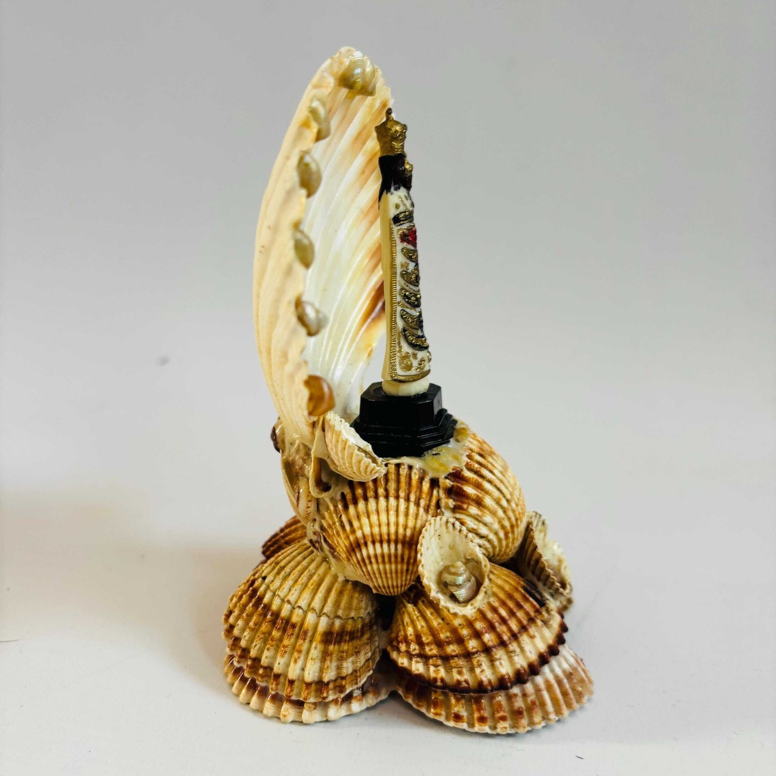Antique Shell Shrine: Our Lady Of Montserrat, Black Madonna Folk Art photo Art