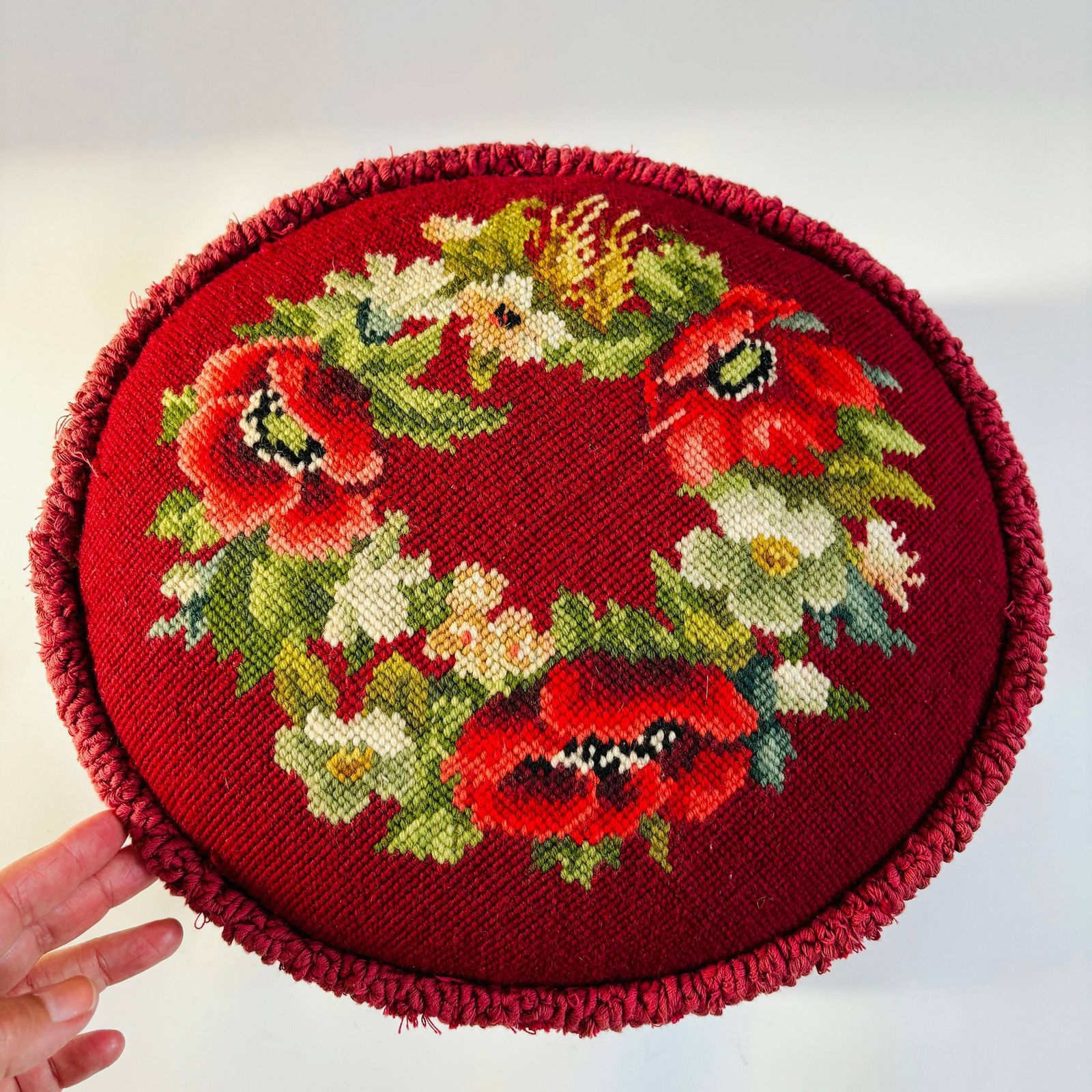 Antique Victorian Tapestry Foot Stool: Floral Mahogany Velvet Ottoman