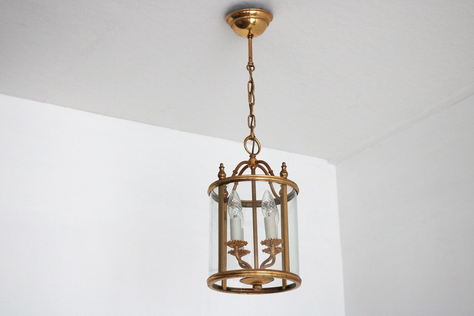 Signed Sciolari Gilt Brass Lantern: Italian Empire Style Pendant Lamp, 1960s