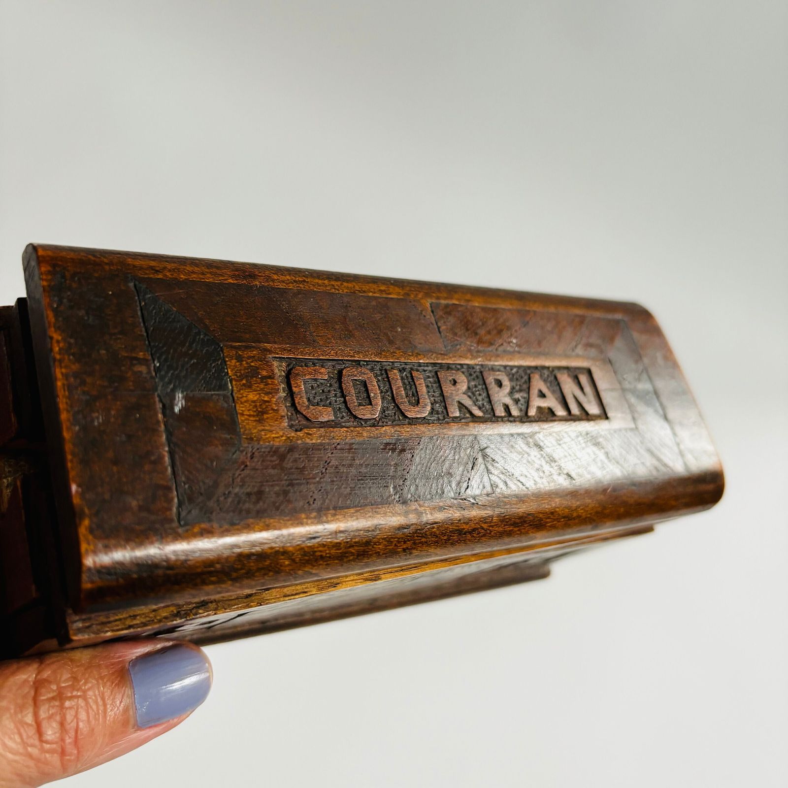 Antique Elm Wood Keepsake Box: 1918 French Tramp Art Folk Carving photo for sale