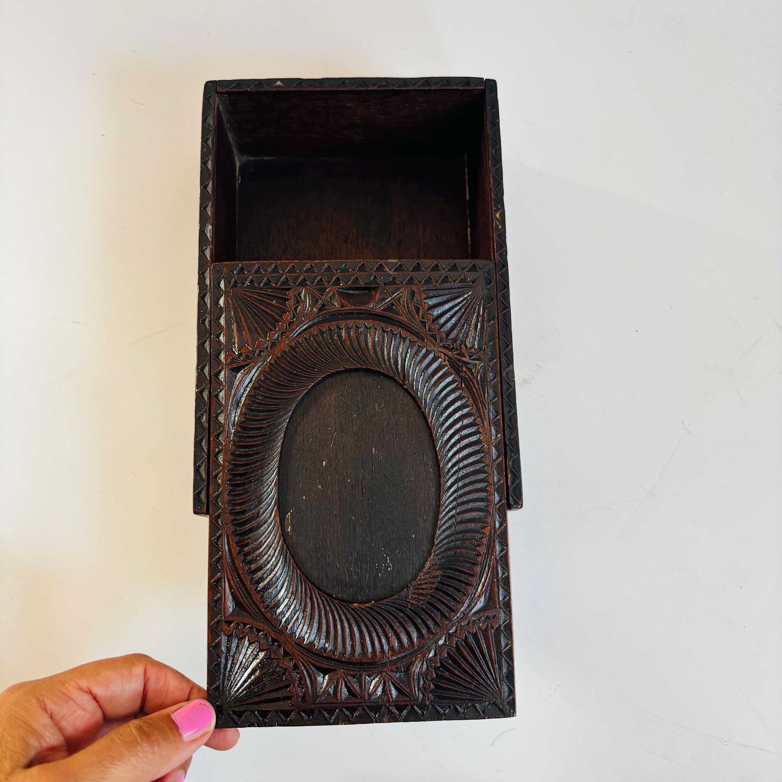 Antique Edwardian Elm Trinket Box: Chip Carved Design, Picture Insert photo vintage