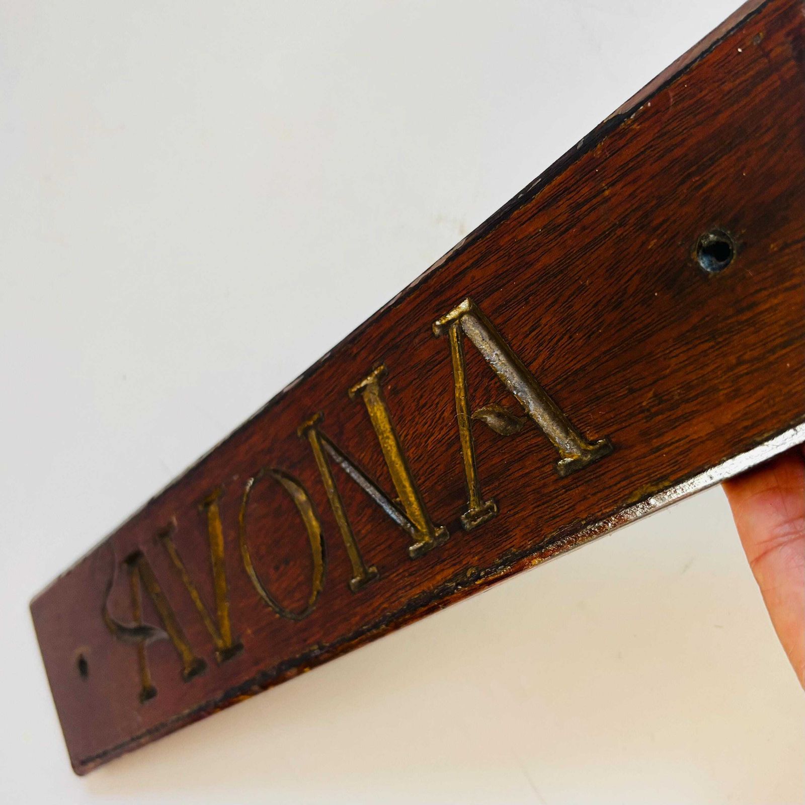 Antique Engraved Wooden Plaque: Gold Gilt "Avona", Rustic Decor photo 178.0