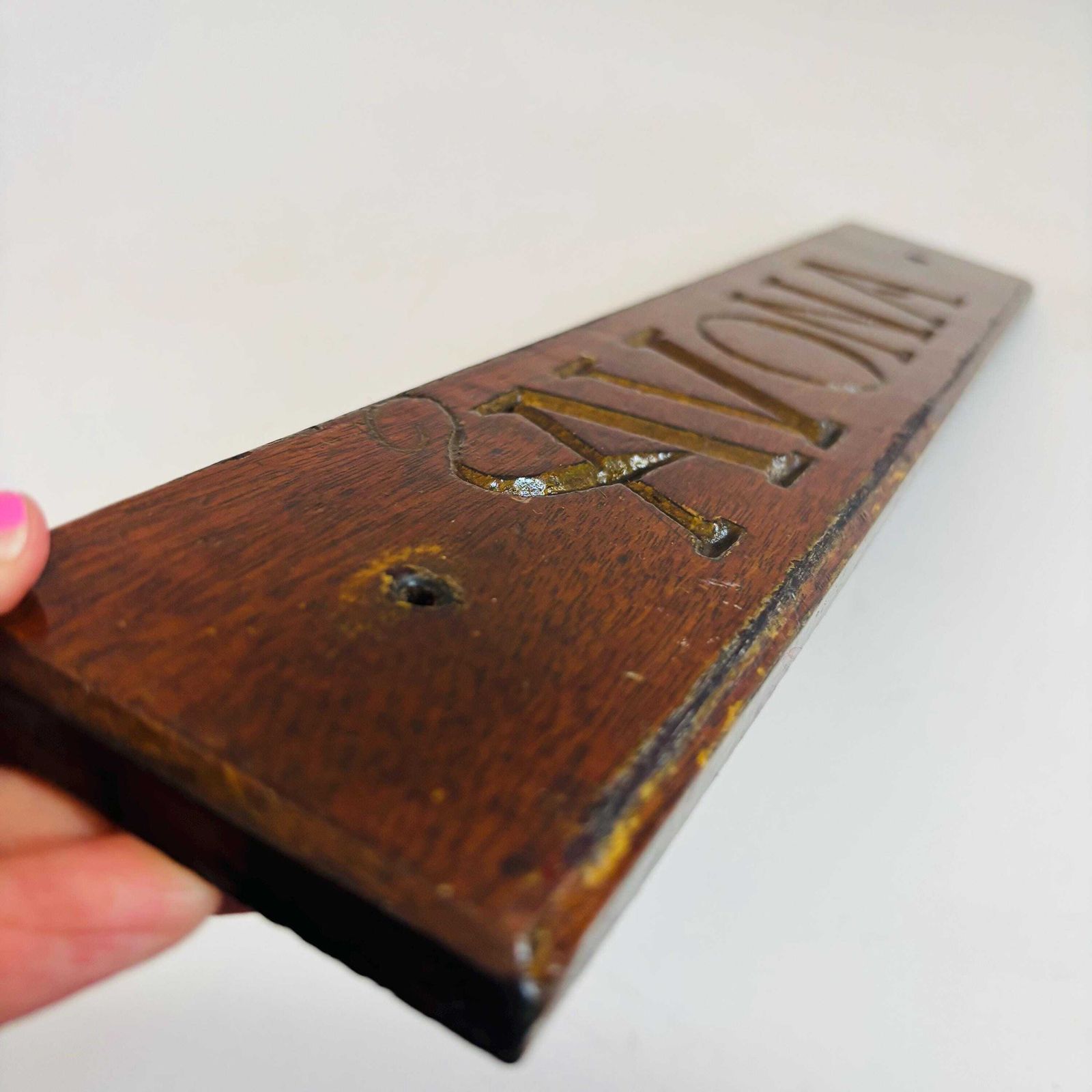 Antique Engraved Wooden Plaque: Gold Gilt "Avona", Rustic Decor photo vintage