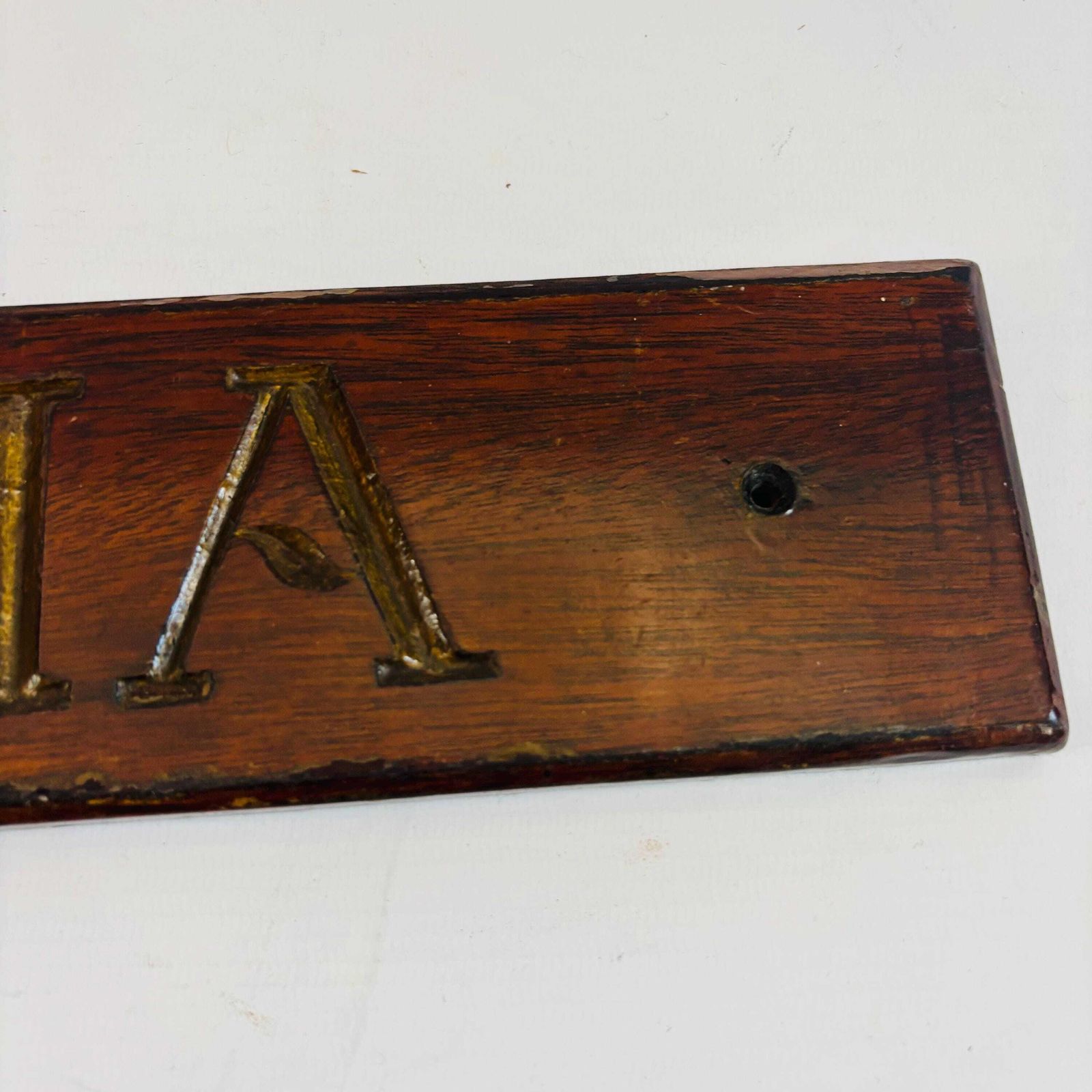 photo for sale Antique Engraved Wooden Plaque: Gold Gilt "Avona", Rustic Decor