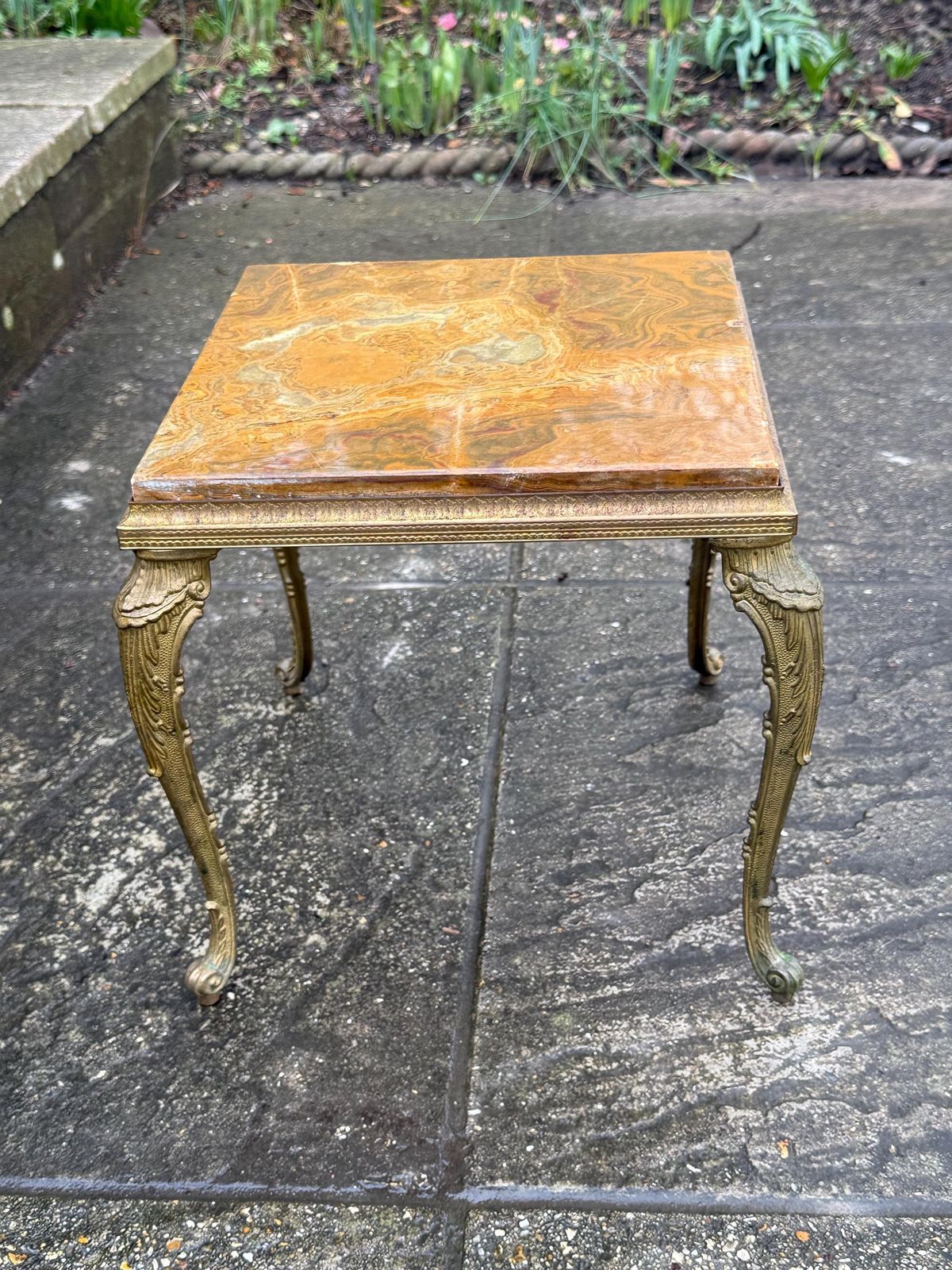 Authentic Retro Brass Detailed Side Table With Marble Onyx Top Retro Neoclassical Style photo 133.0