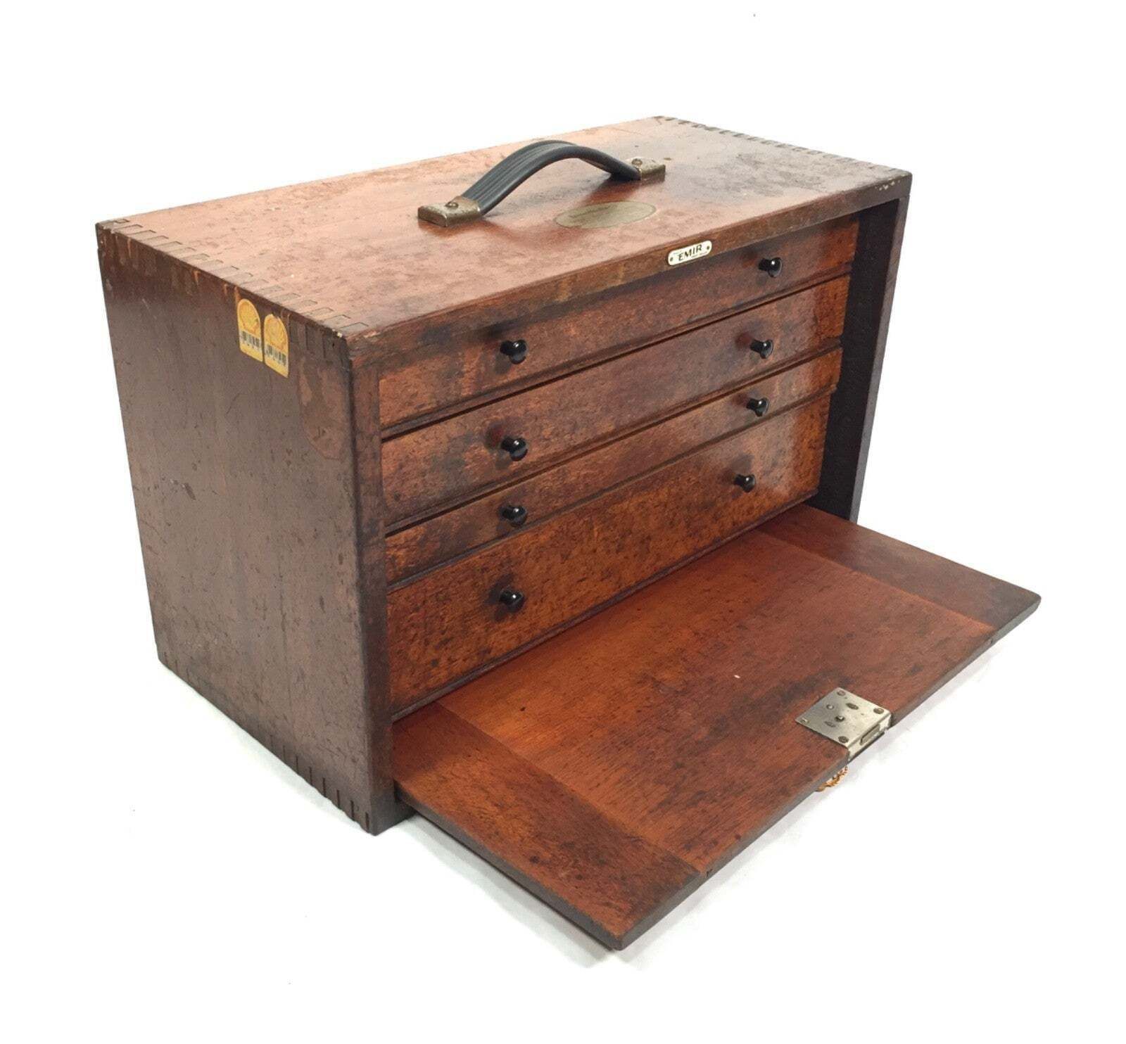 photo for sale Antique Wooden Engineers Toolbox / Collectors Cabinet By Emir With Key C.1950