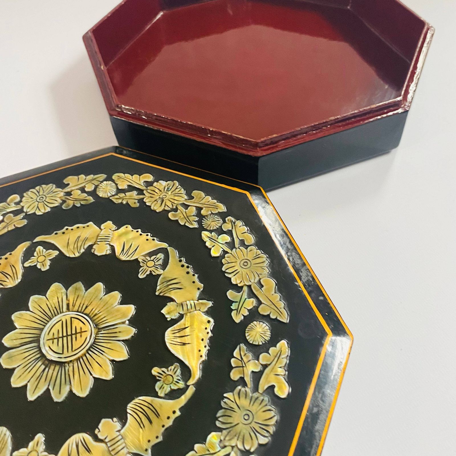 Antique Japanese Lacquerware Box: Octagonal Keepsake With Mother Of Pearl Inlay photo furniture