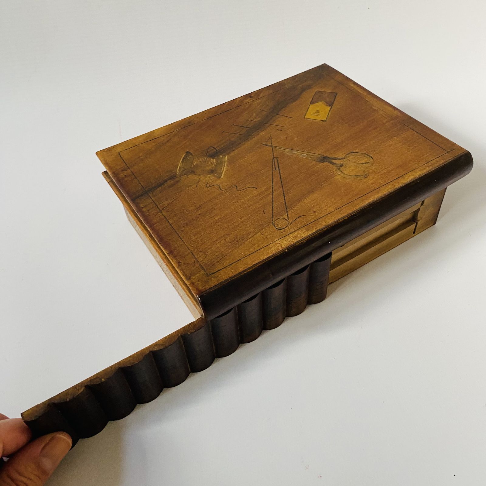 photo for sale Antique Olive Wood Puzzle Box: Sorrento Sewing Motif Marquetry