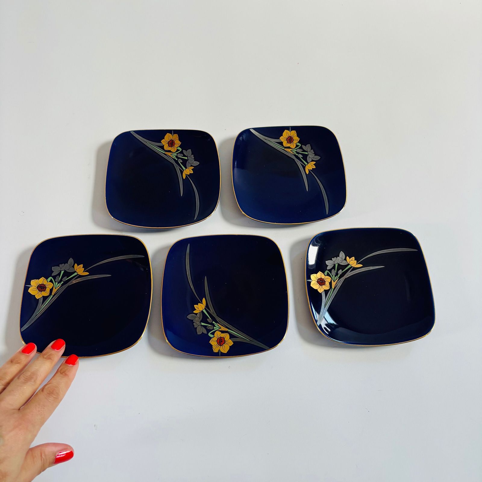 1960s Koransha Arita Porcelain Dessert Dishes: Ruri Blue Irises, Set Of 5 photo vintage
