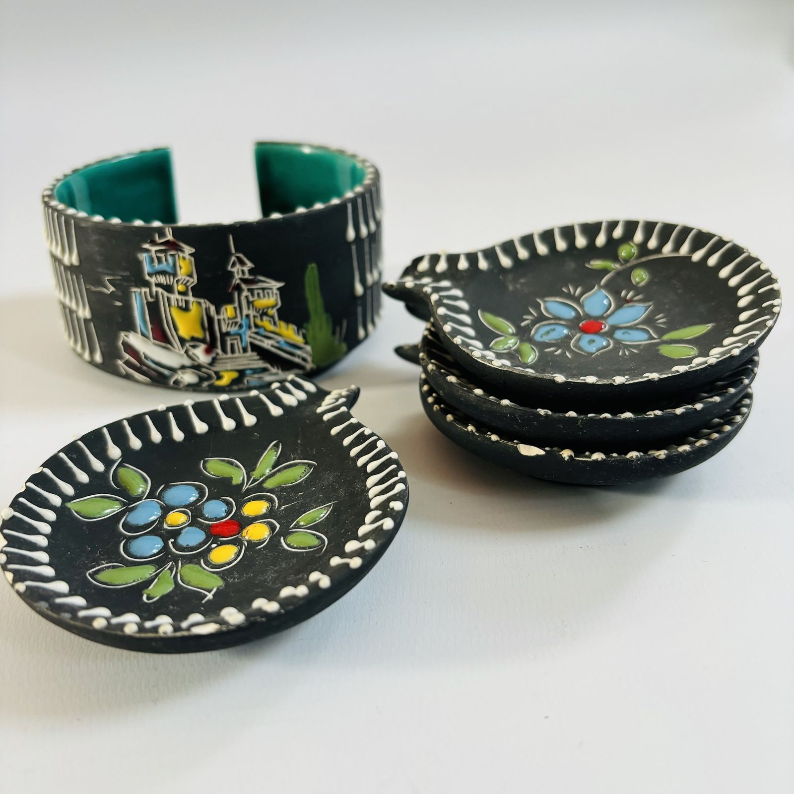 Mcm San Marino Ceramic Ashtray Set: Turquoise Glaze, Embossed Floral Dishes photo for sale