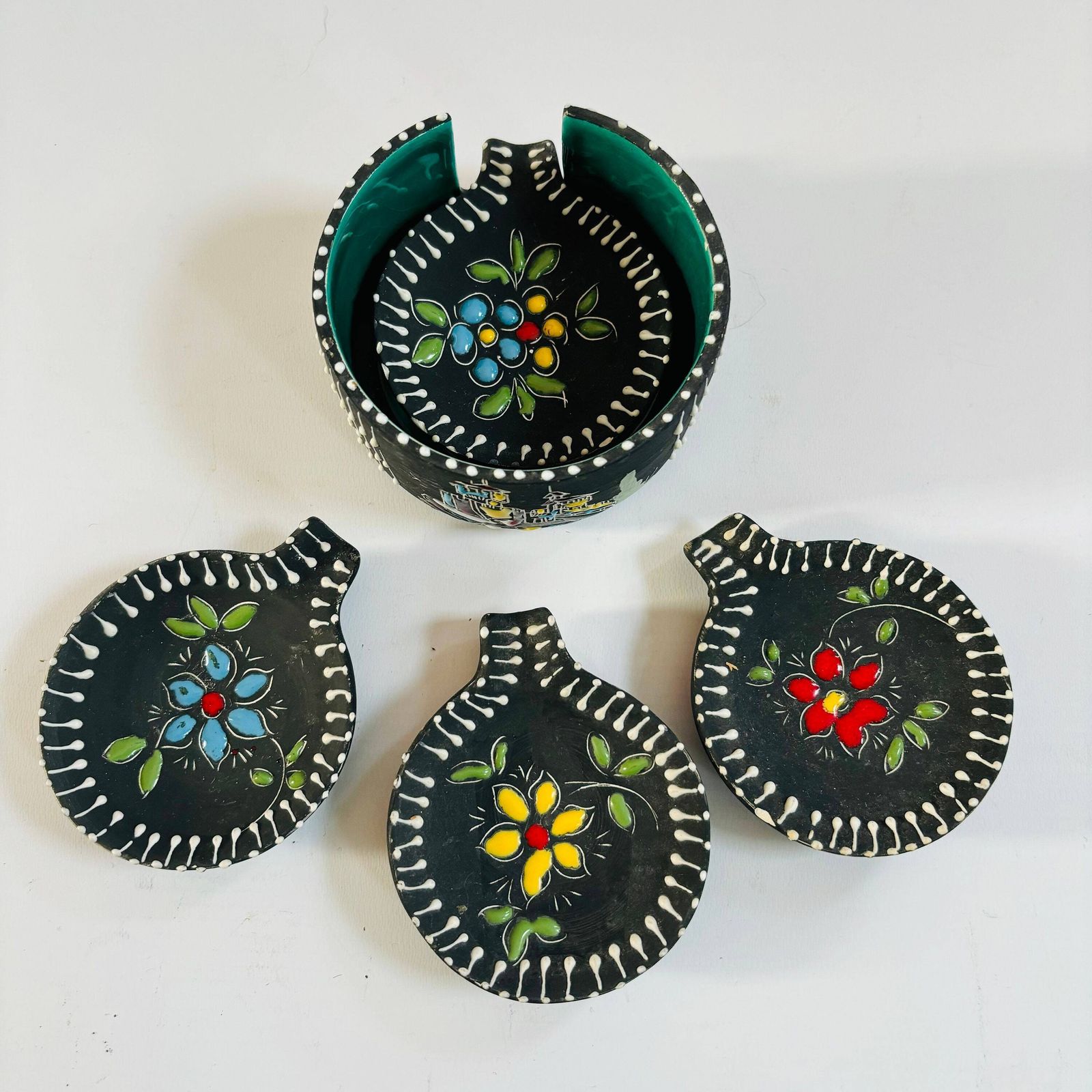 Mcm San Marino Ceramic Ashtray Set: Turquoise Glaze, Embossed Floral Dishes photo buy