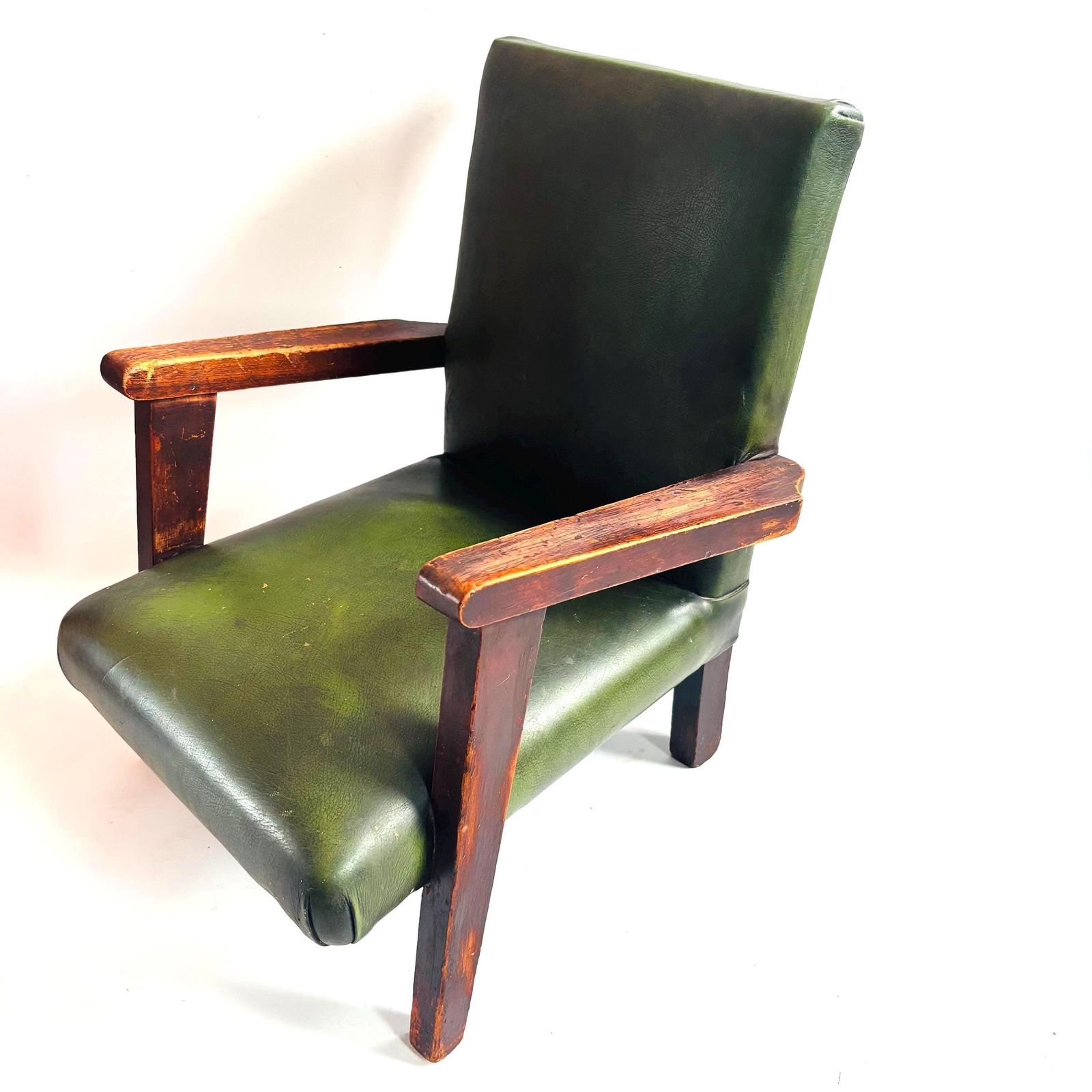Mid Century Modern Child's Chair: Oak & Hunter Green Leather, Scandinavian Retro Style photo furniture