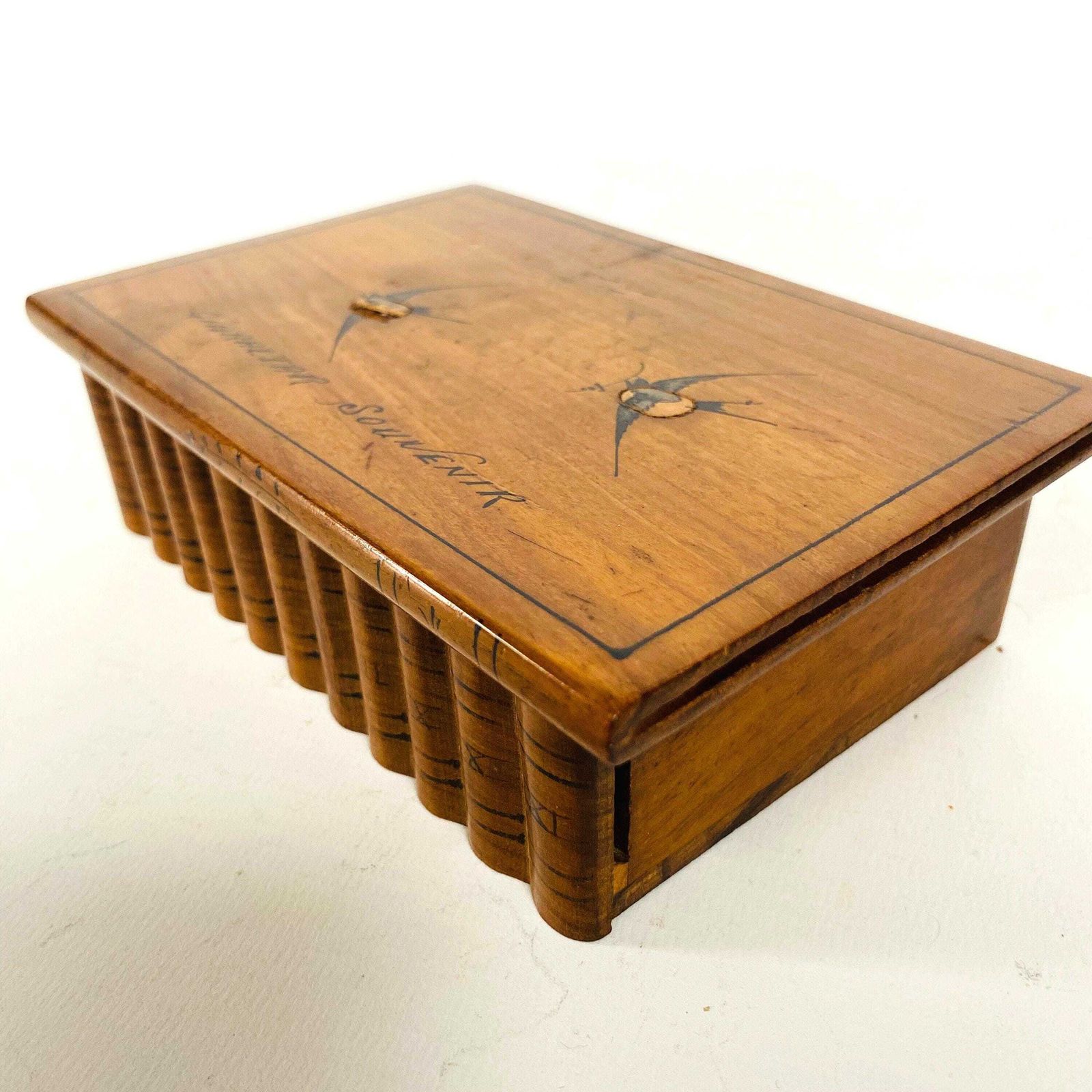 Antique Olive Wood Puzzle Box: Gibraltar Souvenir With Painted Swallows
