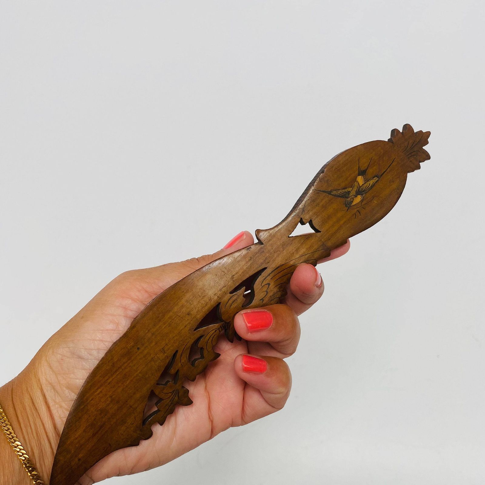 Rare Collectable Letter Opener  1930's Olive Wood/Swallow Bird Love Handmade/Marquetry/Folk Details photo furniture