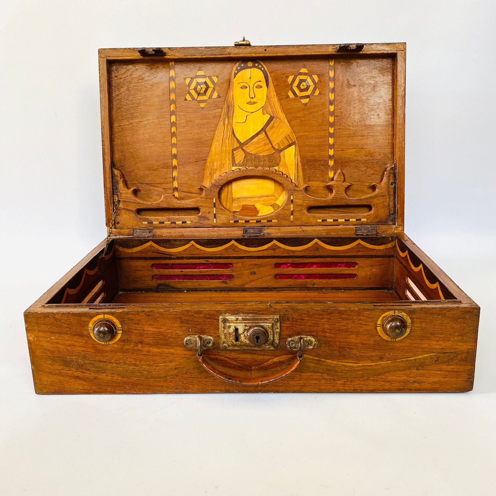 Sorrento Marquetry Suitcase: Antique Olive & Cherry Wood Folk Art