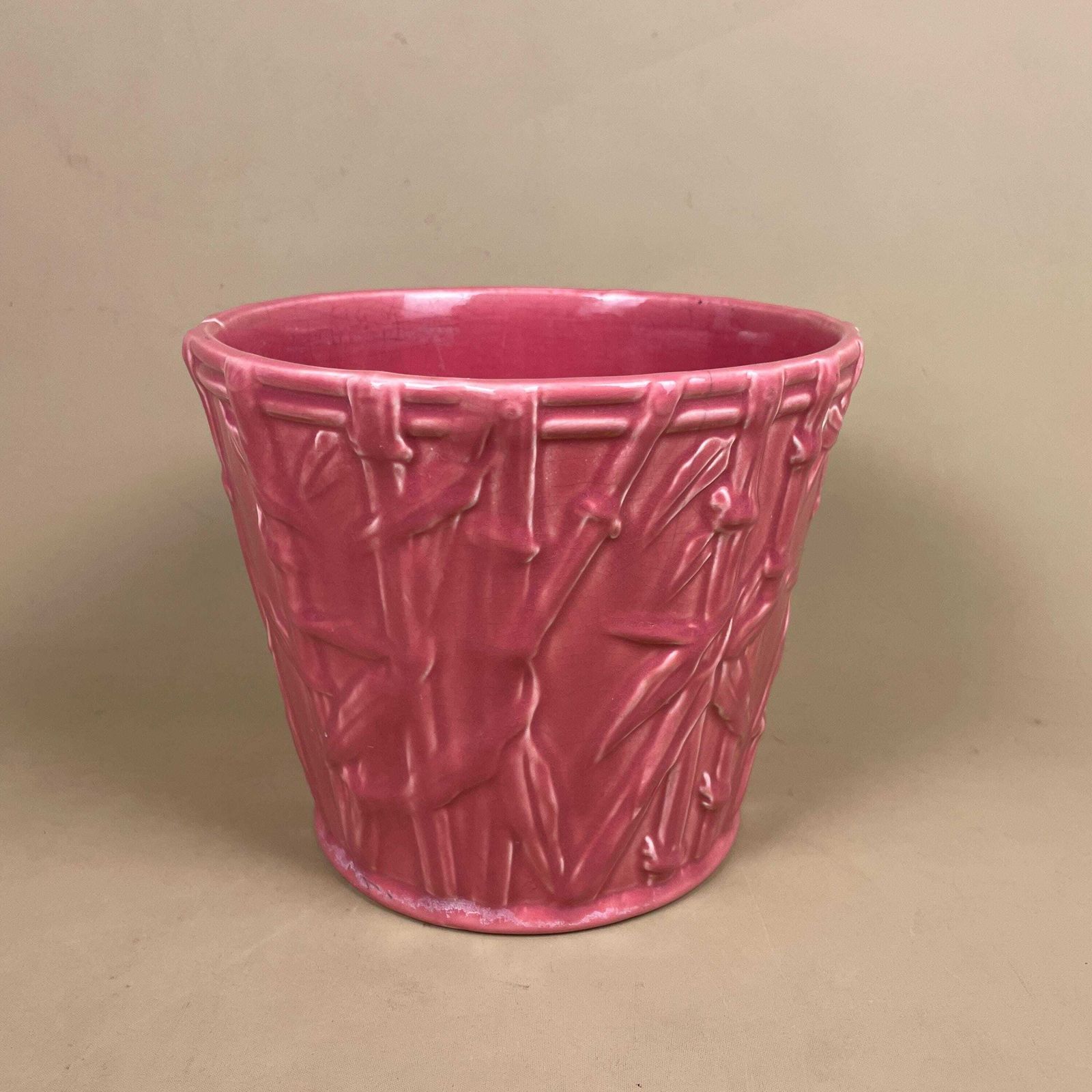 Pink Ceramic Planter Pot Bamboo Pattern Vintage Asian Style Glazed Flower Pot Home Decor Mid Century Oriental Japanese Style photo furniture
